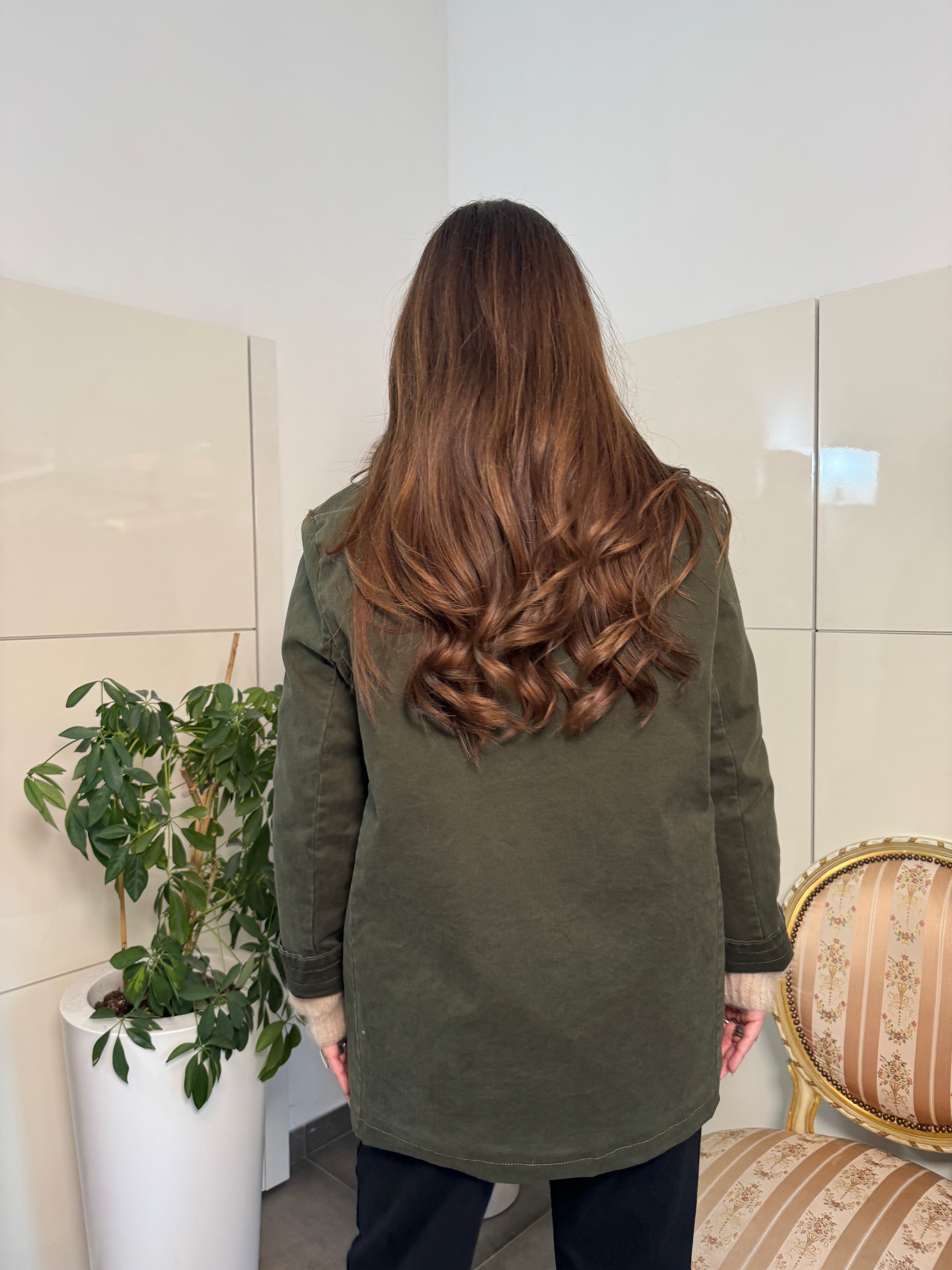 Giacca verde con collo in Eco-pelliccia staccabile-Tensione In