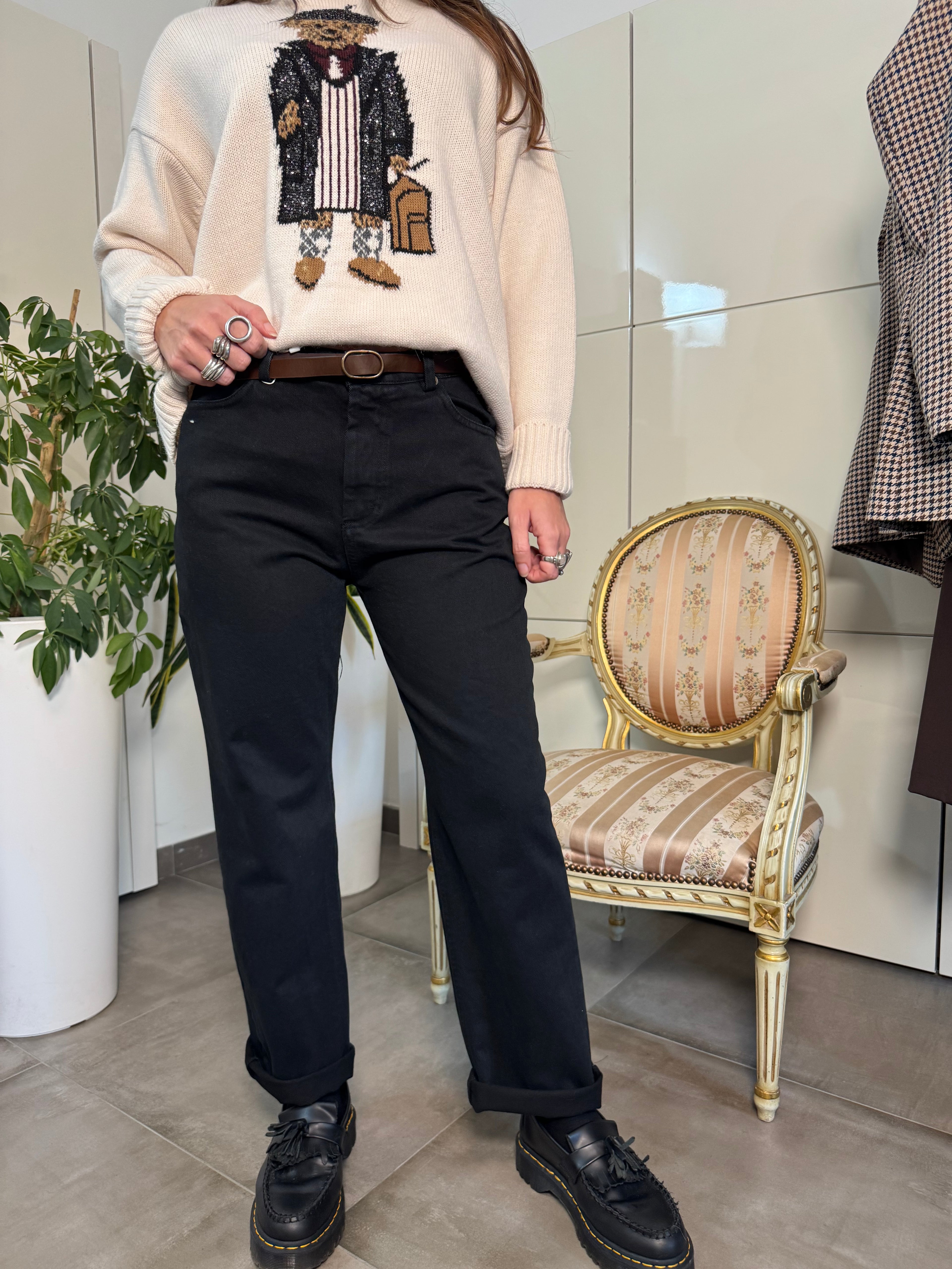 Pantalone Nero in Stile Jeans a 5 Tasche con Cintura Marrone – Motel