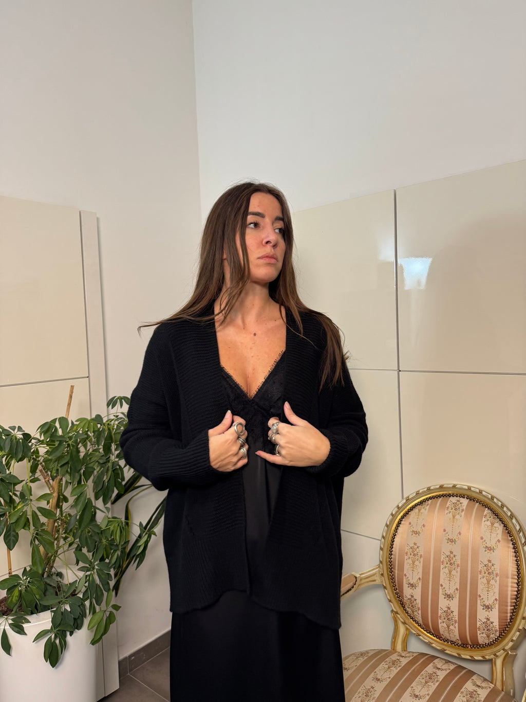 Cardigan giacca senza bottoni,  nero -Tensione In