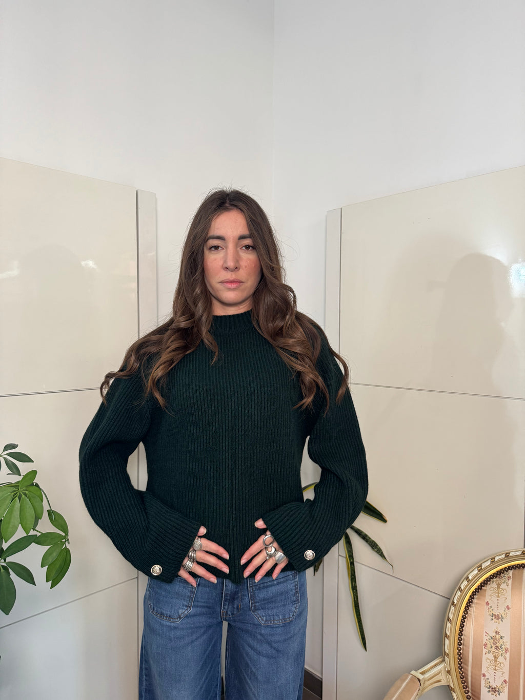 Maglione verde a costine con bottoni oro,  manica raglan- Motel