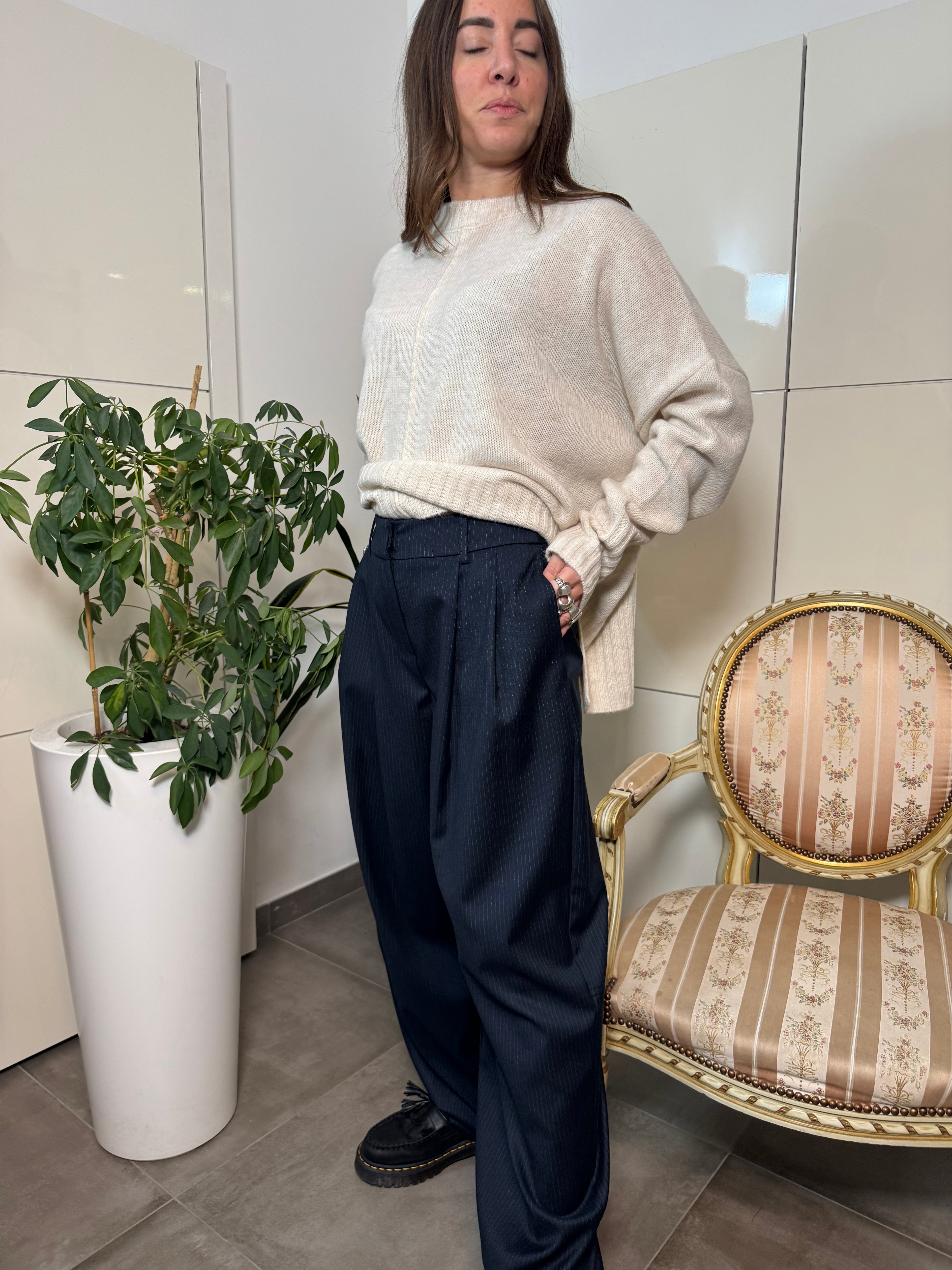 Pantaloni balloon blu gessati-Tensione In