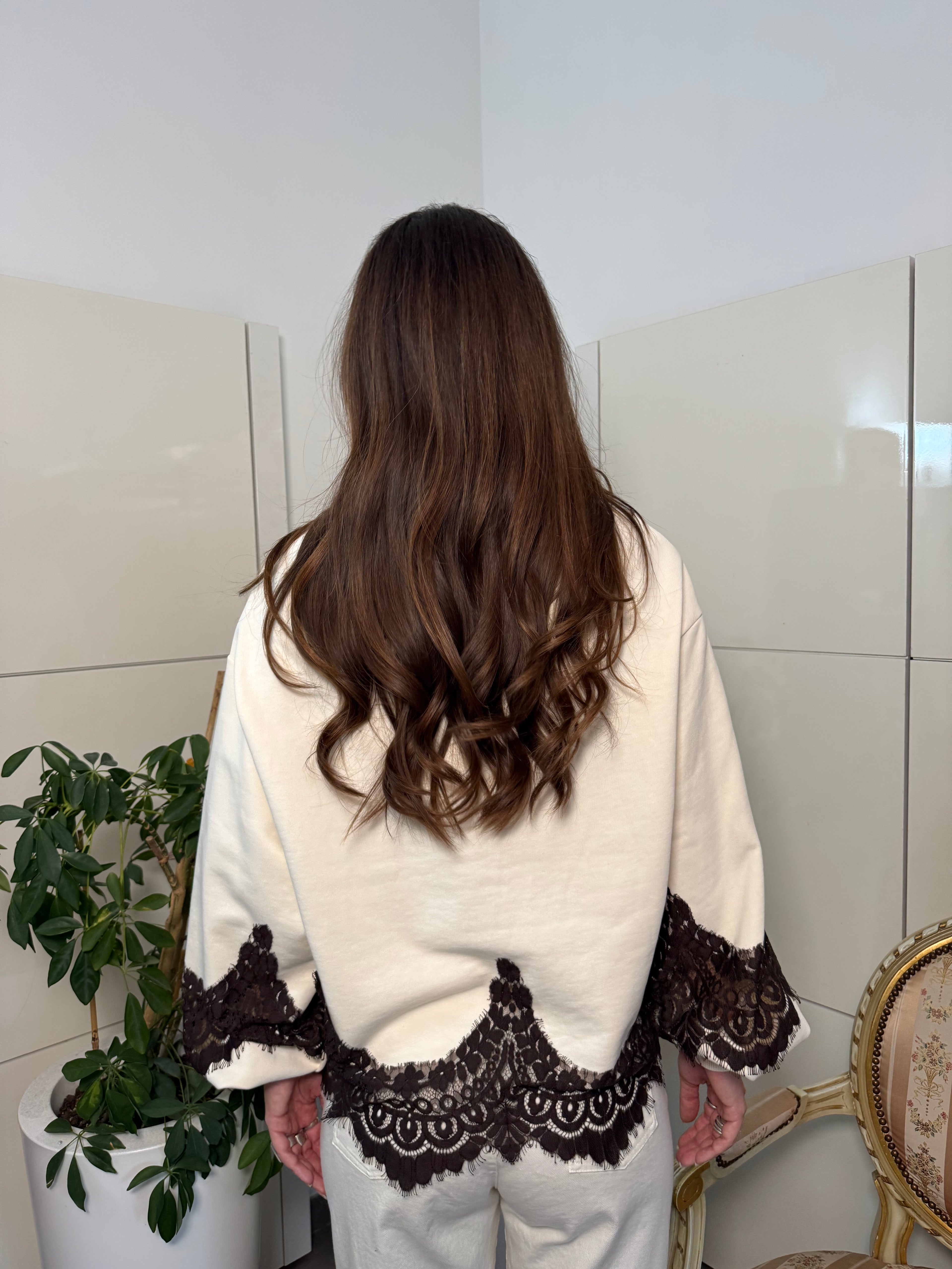 Felpa over dettaglio pizzo beige/marrone-Tensione In