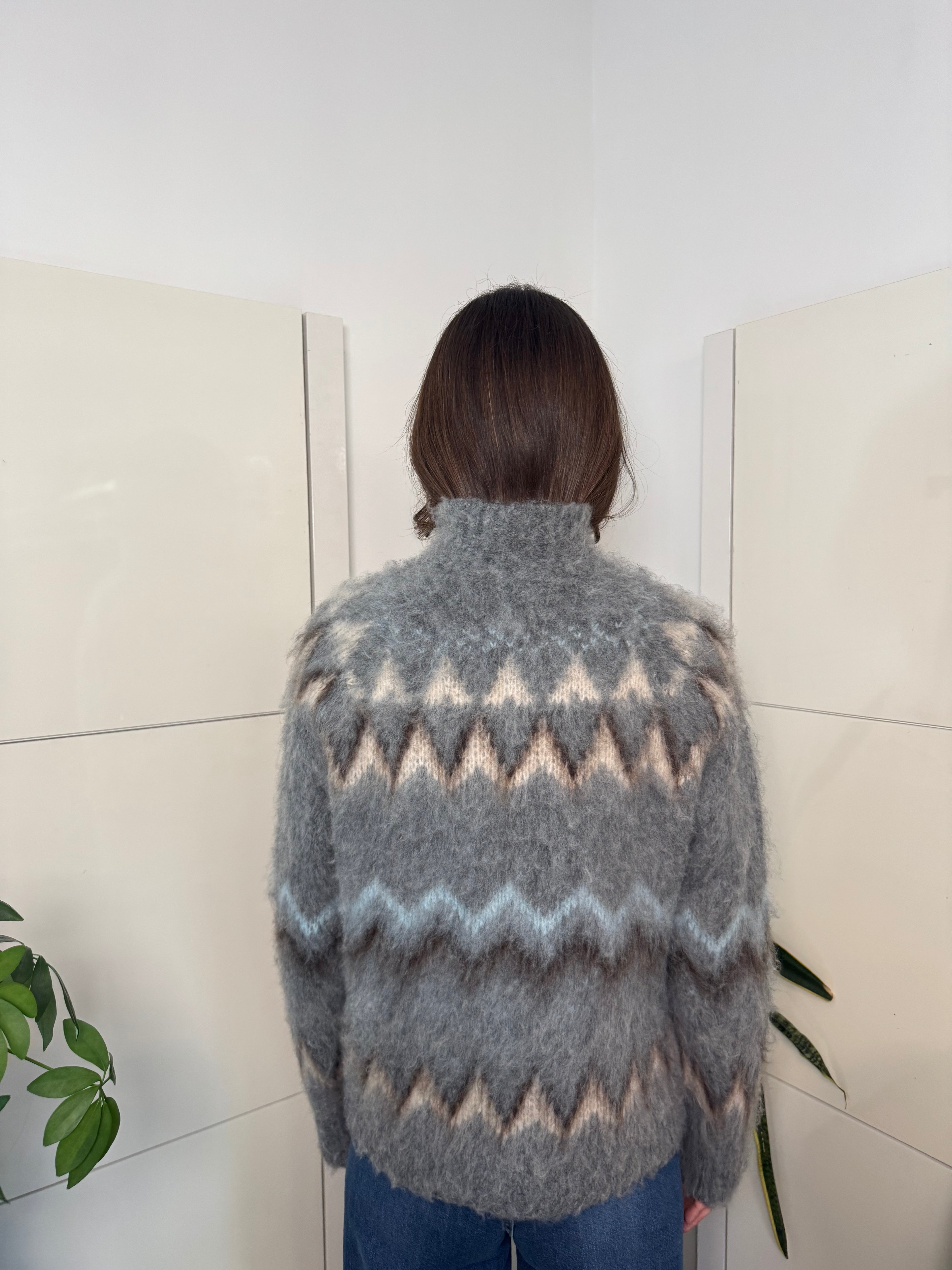 Maglione collo lupetto, fantasia misto lana,  grigio/burro/azzurro- Tensione in