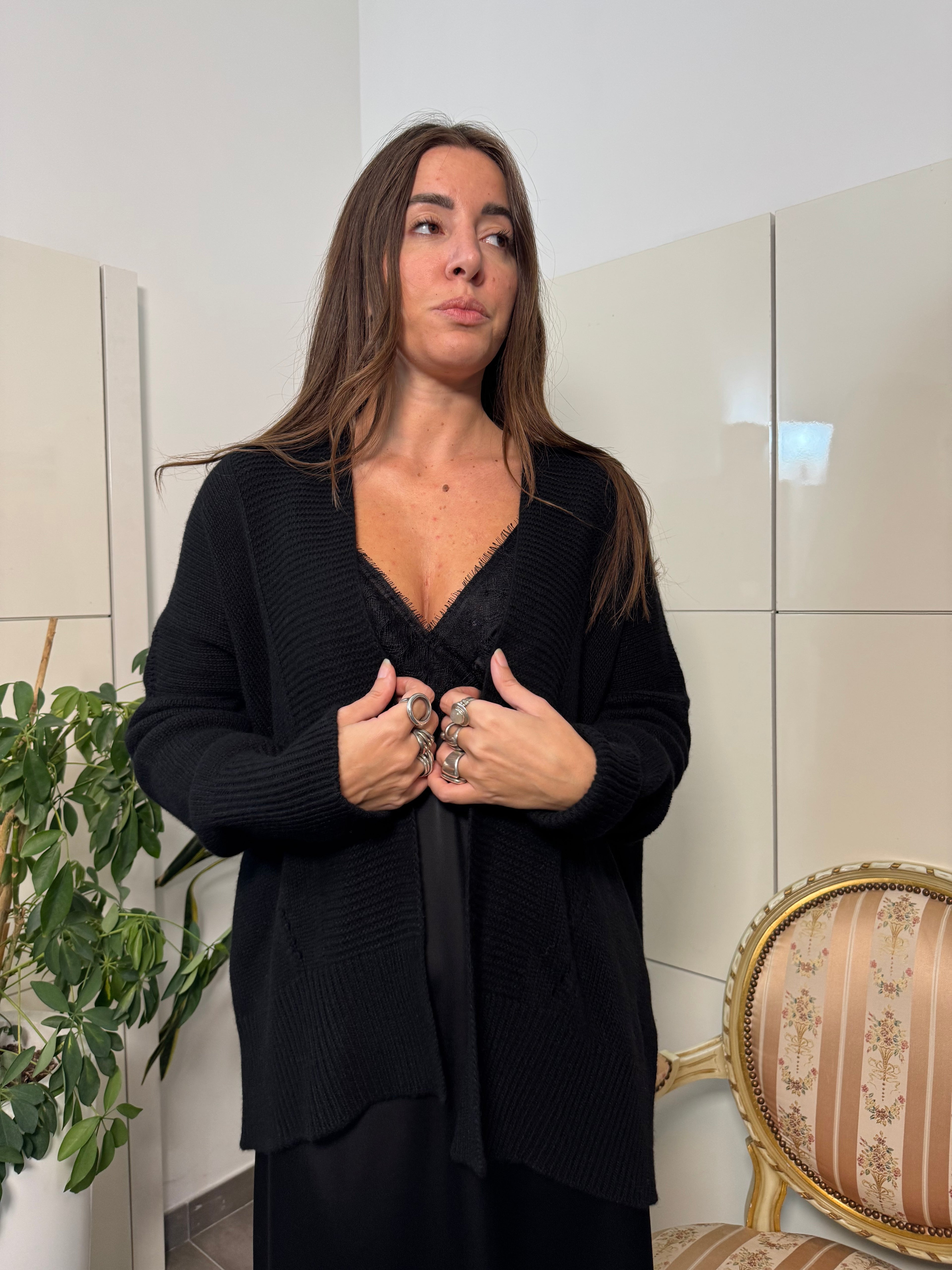 Cardigan giacca senza bottoni,  nero -Tensione In