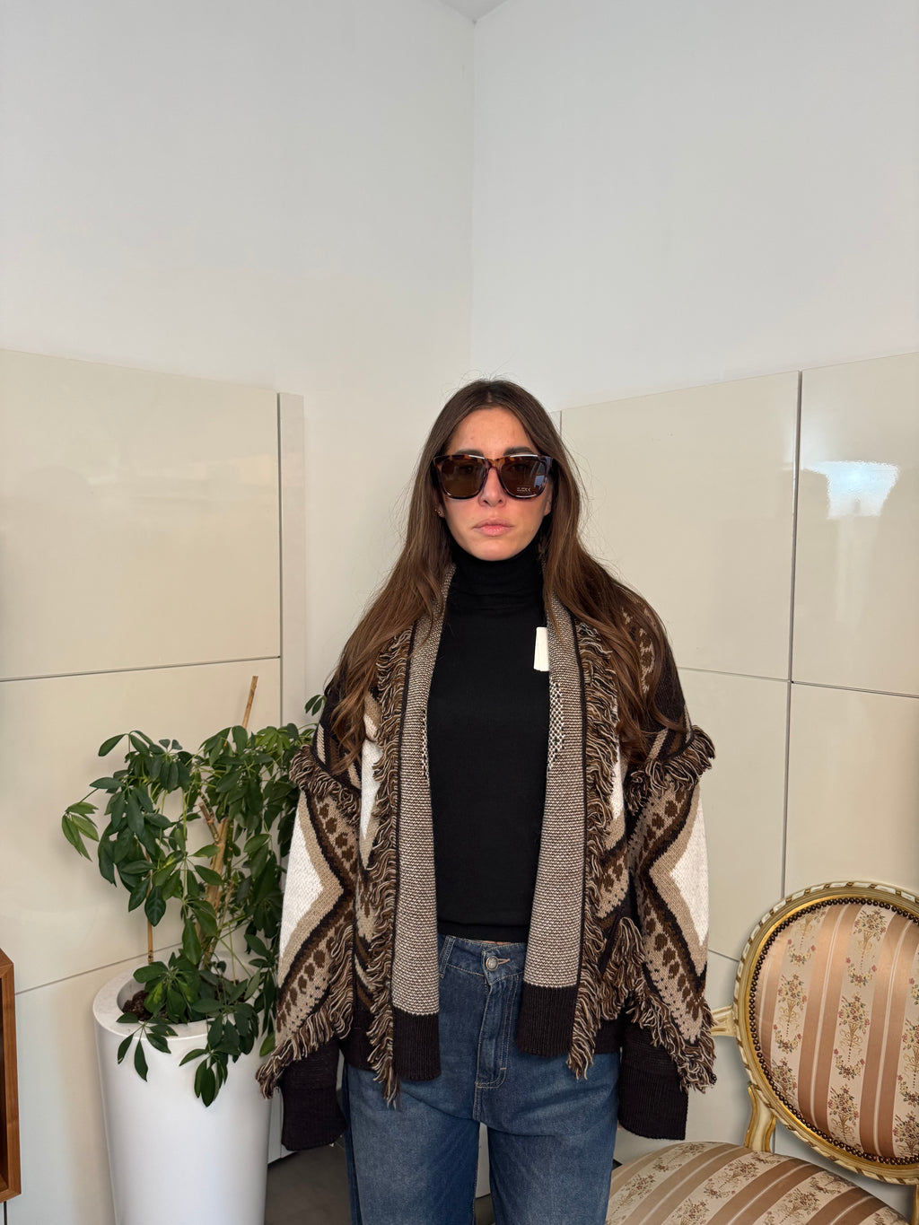 Cardigan marrone frange-Tensione In