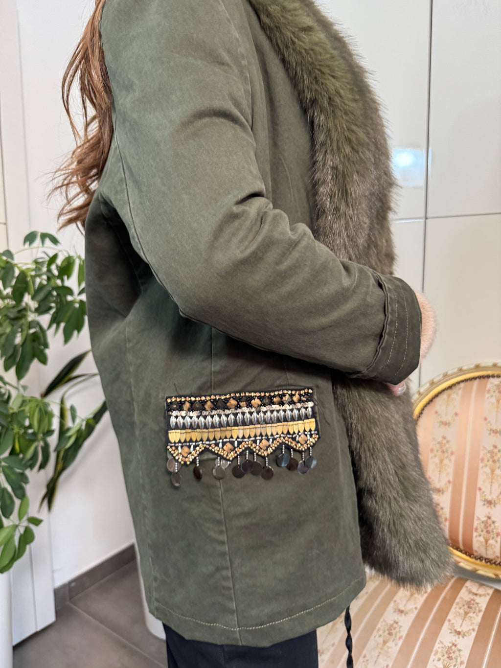 Giacca verde con collo in Eco-pelliccia staccabile-Tensione In