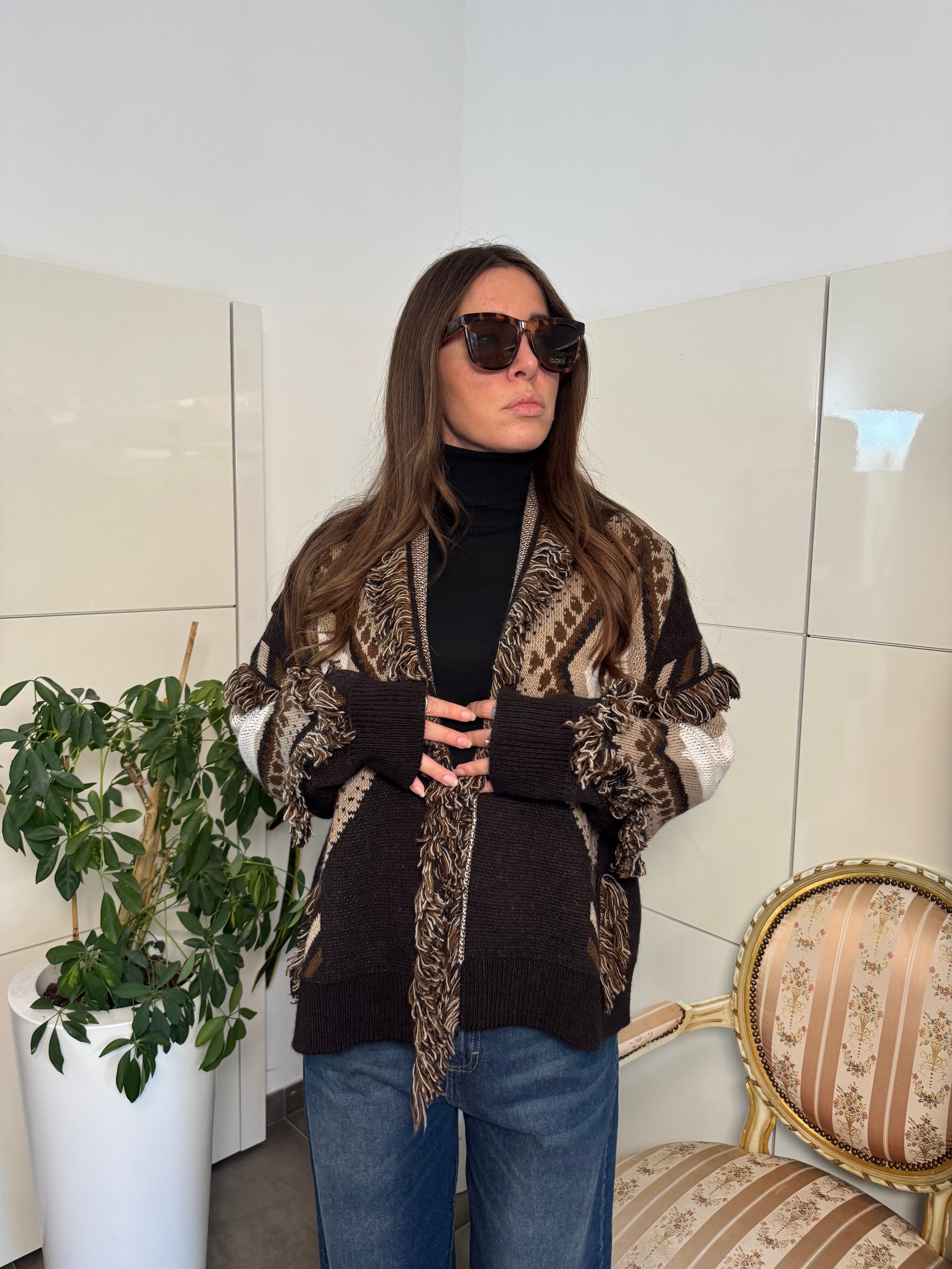 Cardigan marrone frange-Tensione In
