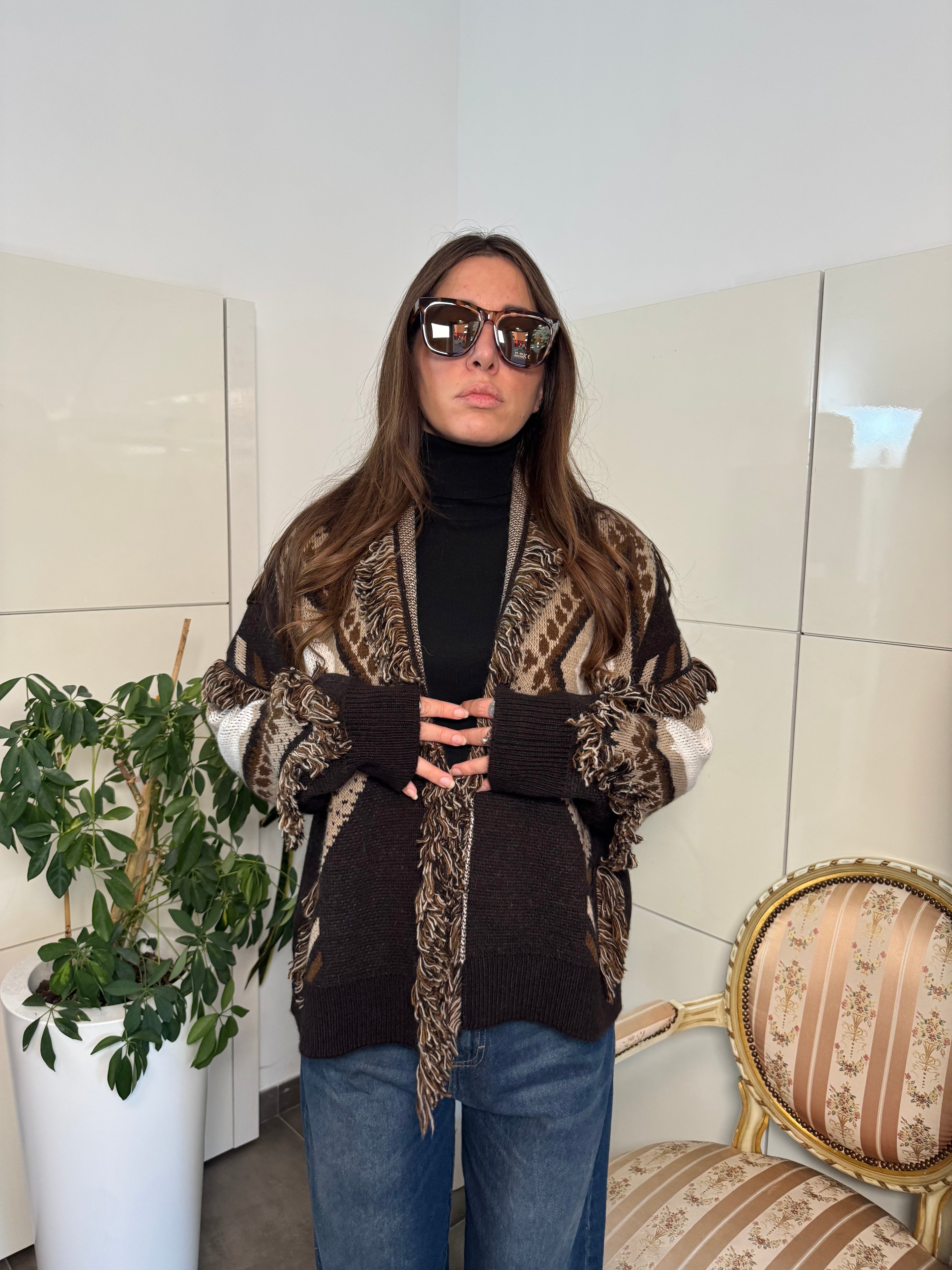 Cardigan marrone frange-Tensione In