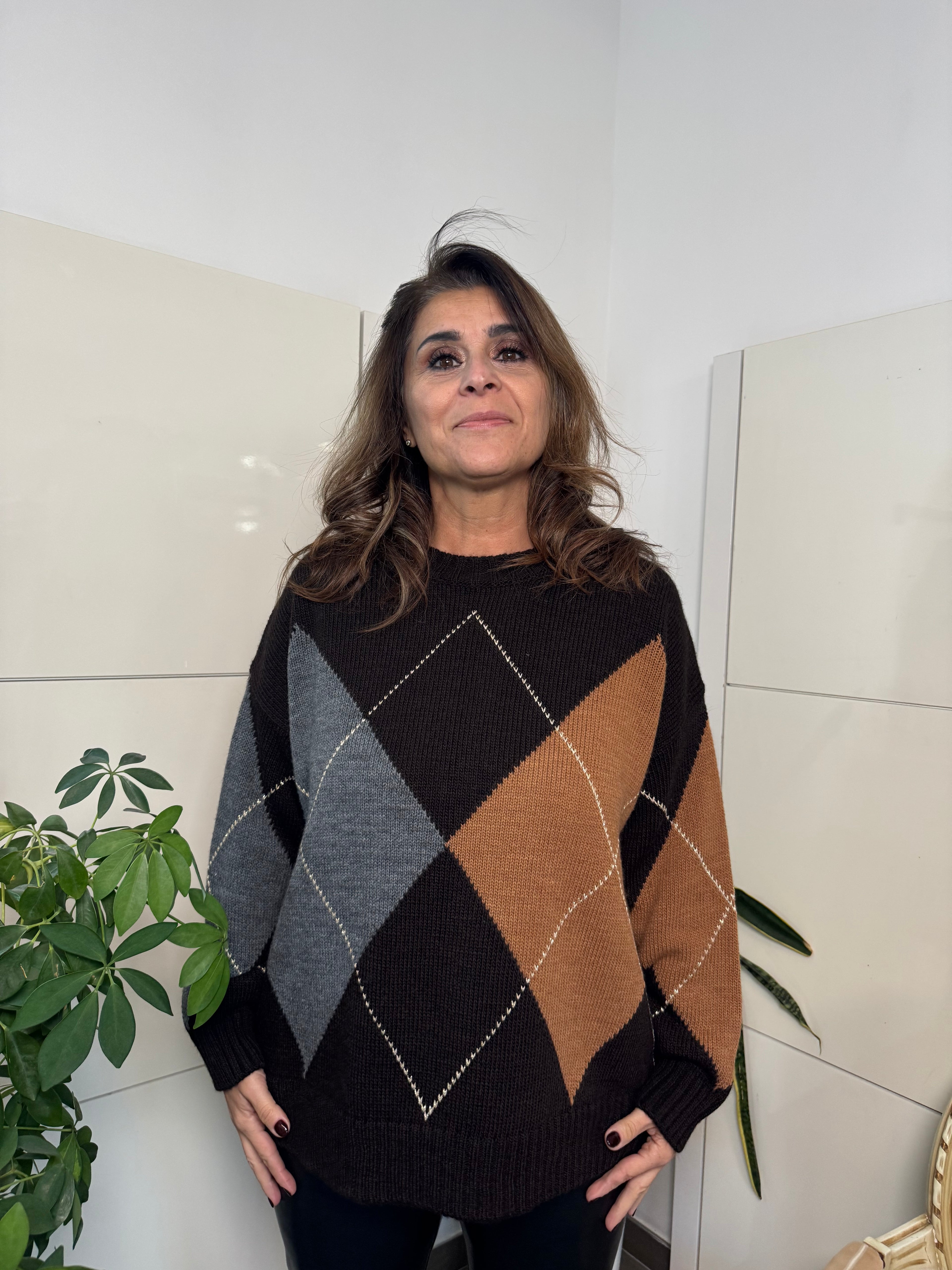 Maglione rombi misto alpaca - marrone/ocra/grigio - Tensione In