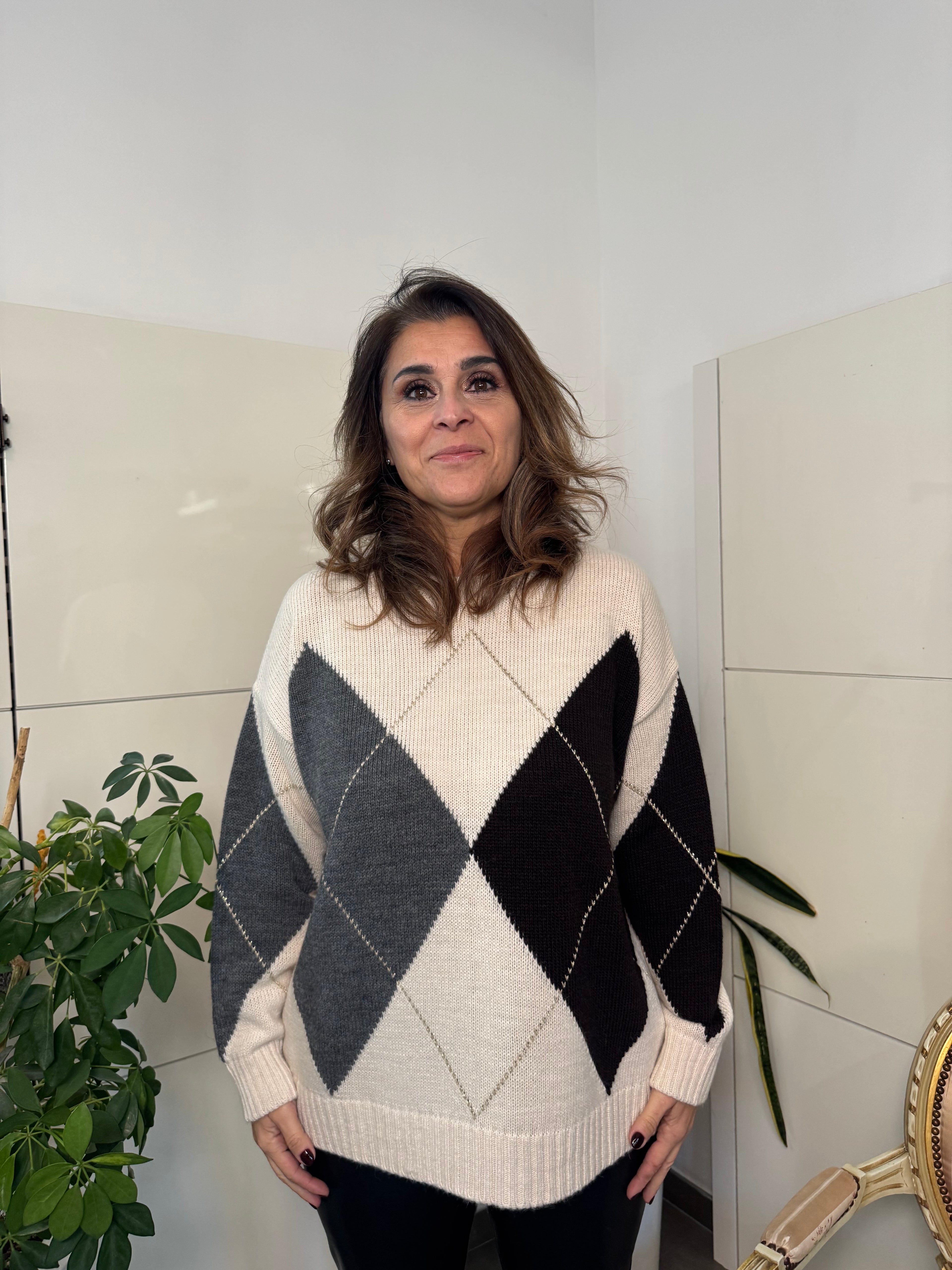 Maglione rombi misto alpaca - burro/grigio/moro - Tensione in