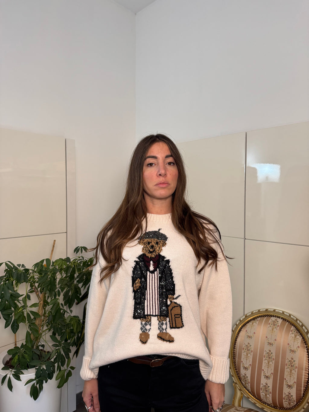 Maglione girocollo, lana stampa orso-Motel