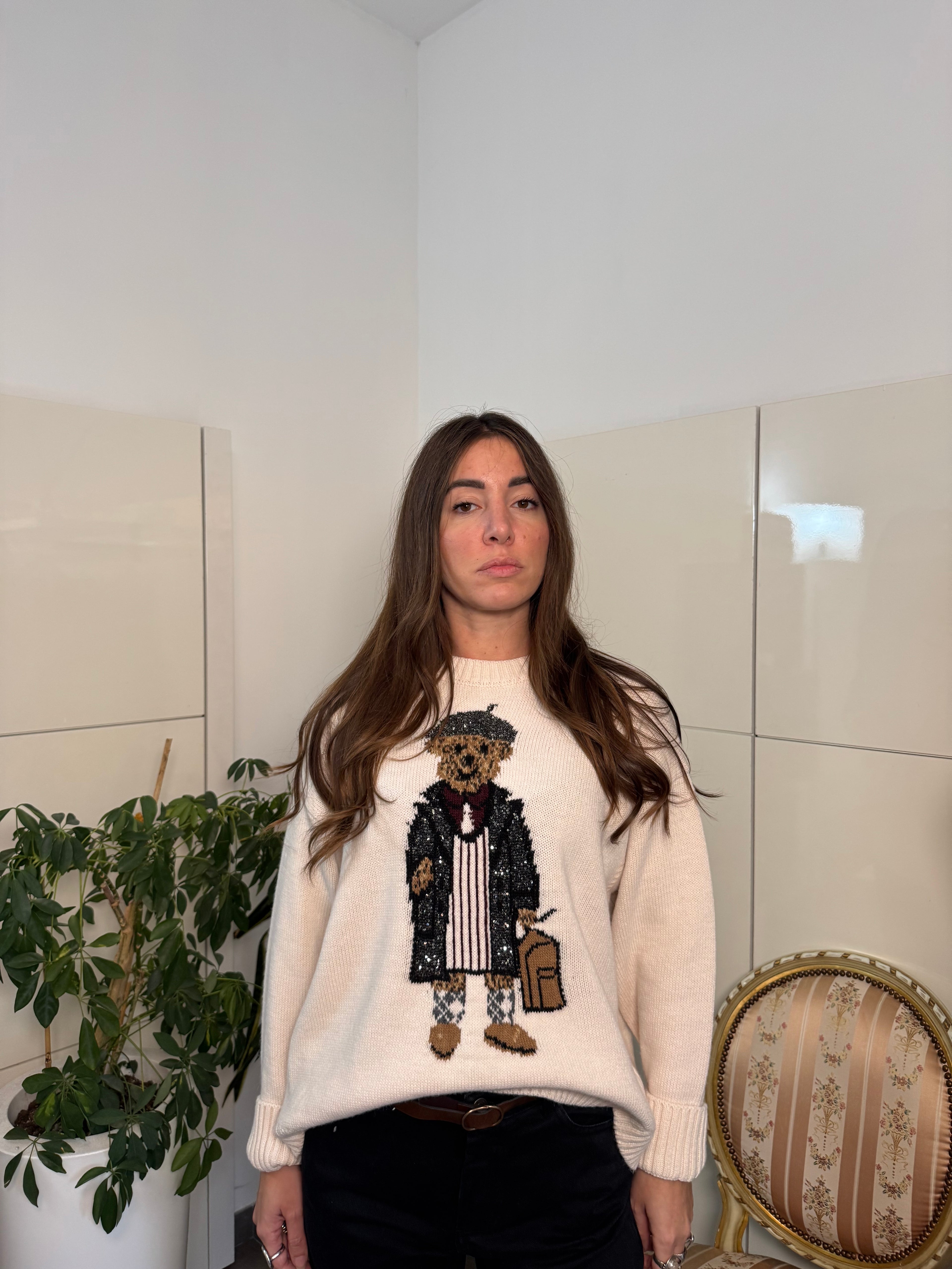 Maglione girocollo, lana stampa orso-Motel