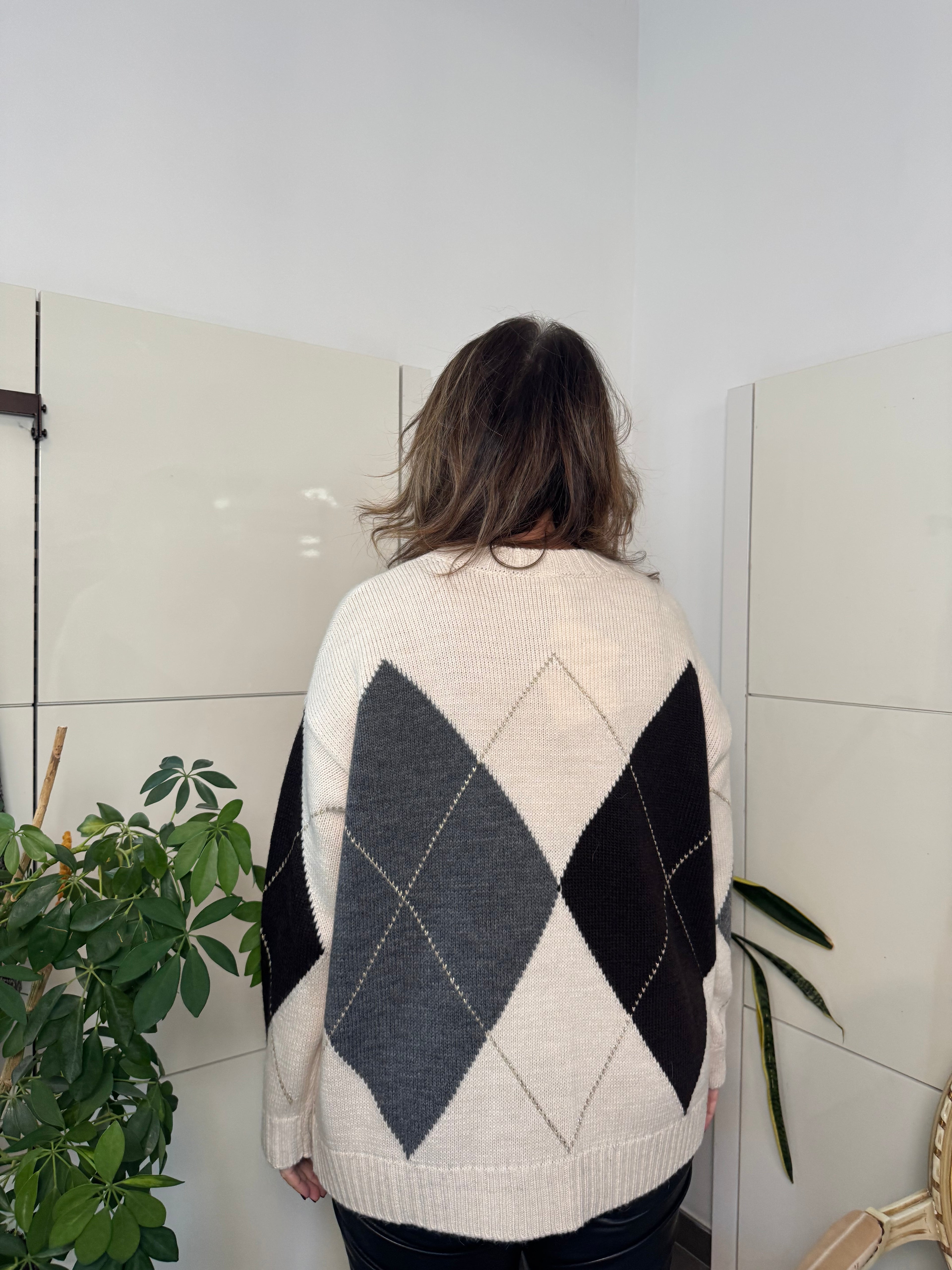 Maglione rombi misto alpaca - burro/grigio/moro - Tensione in