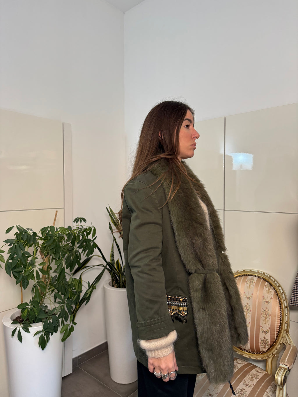 Giacca verde con collo in Eco-pelliccia staccabile-Tensione In