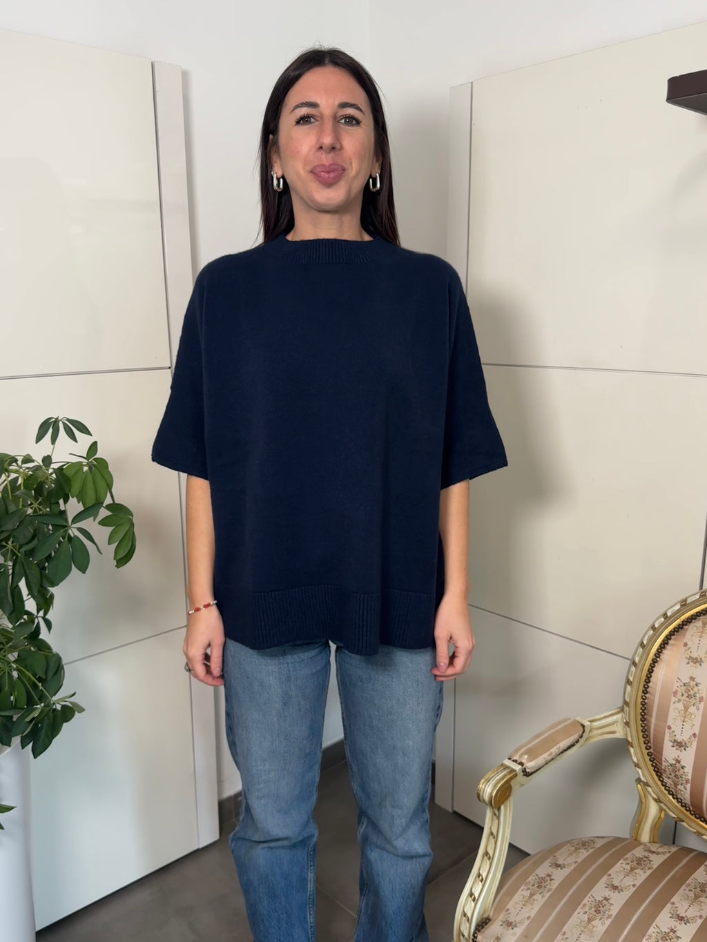 Maglione girocollo, maniche tre quarti, over, blu - Motel