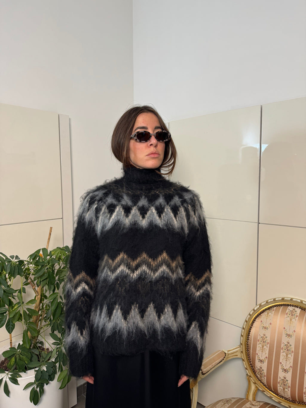 Maglione fantasia misto lana burro/nero-Motel