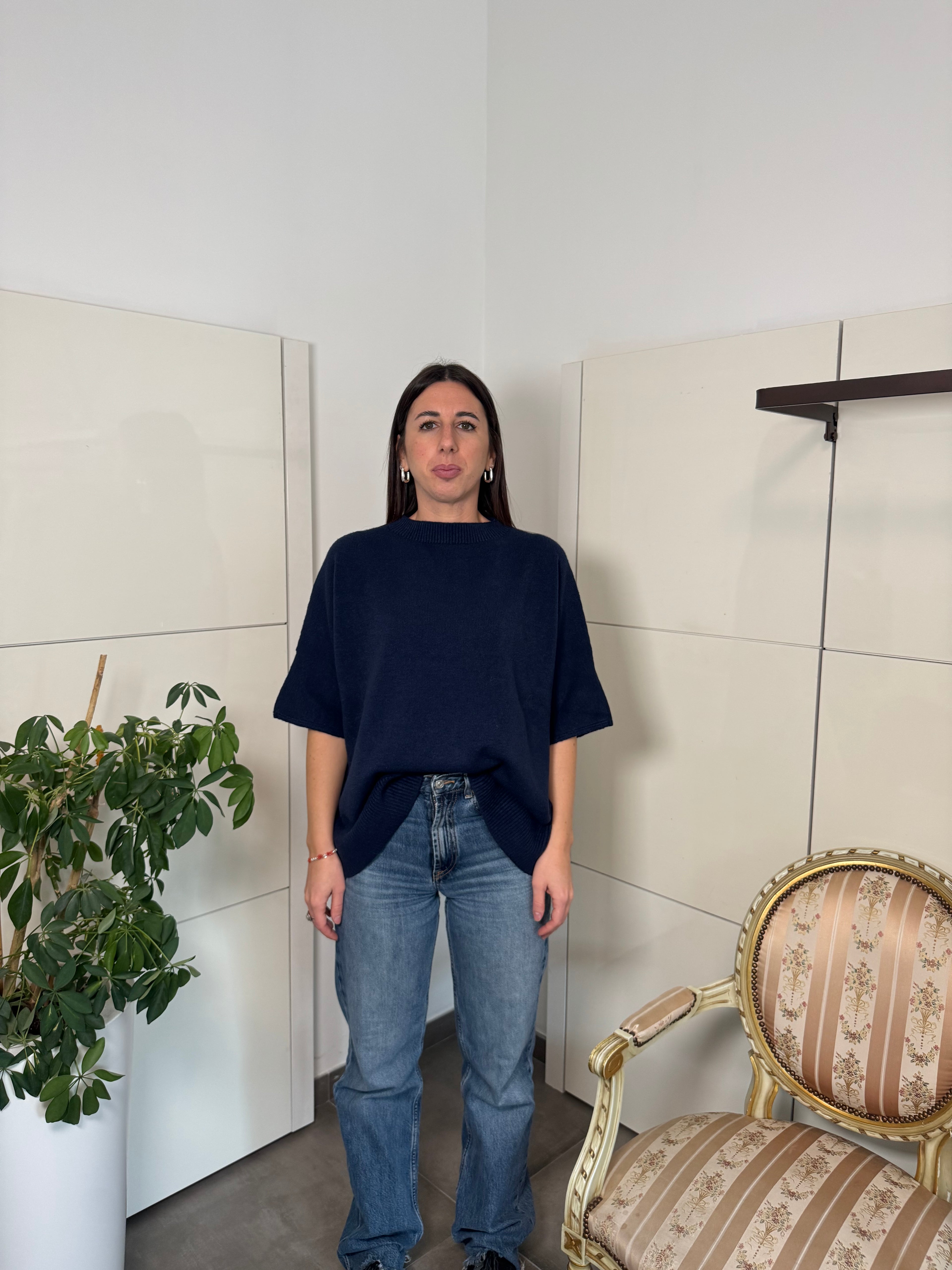 Maglione girocollo, maniche tre quarti, over, blu - Motel