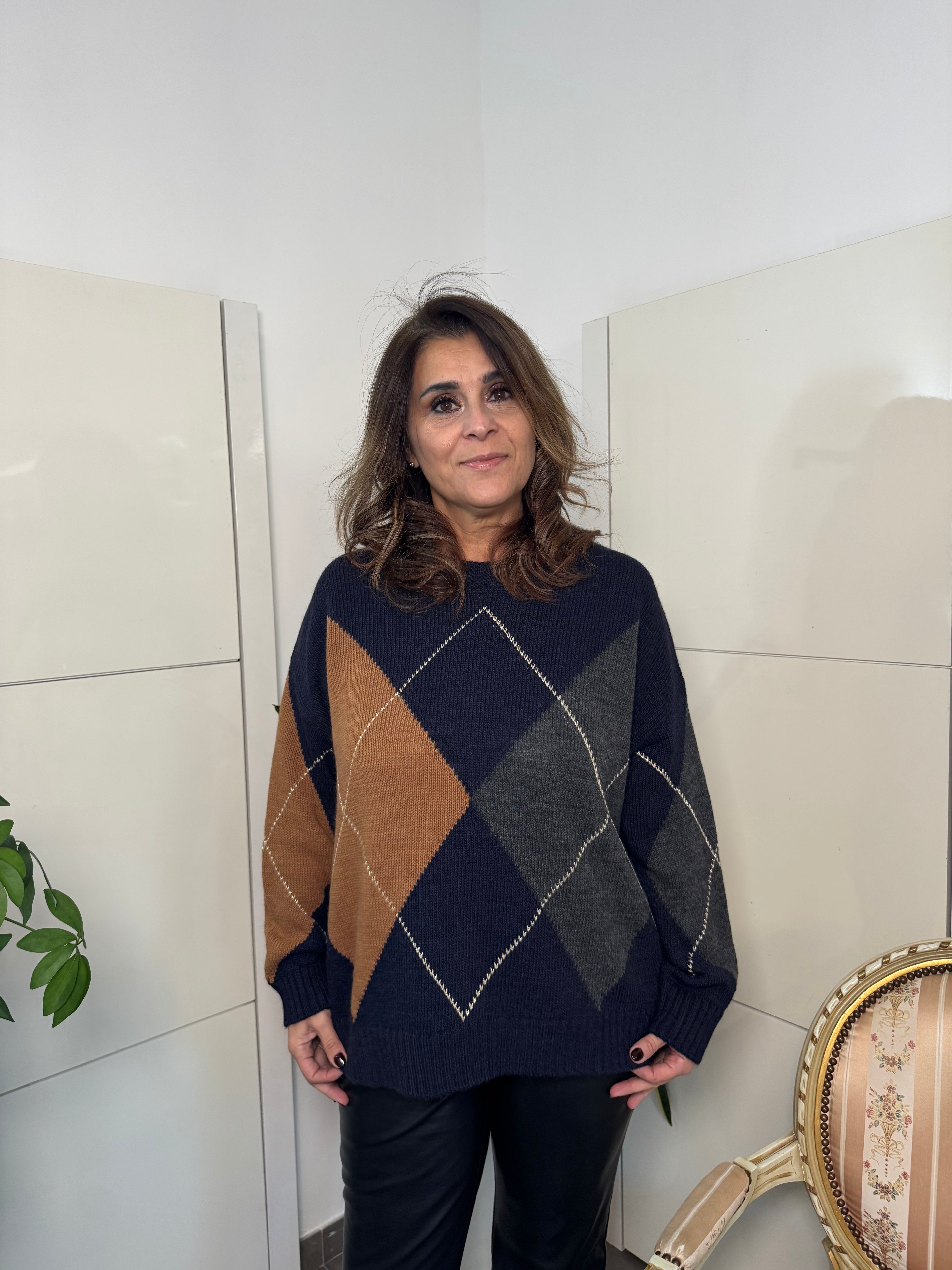 Maglione rombi misto alpaca - blu/ocra/grigio - Tensione In