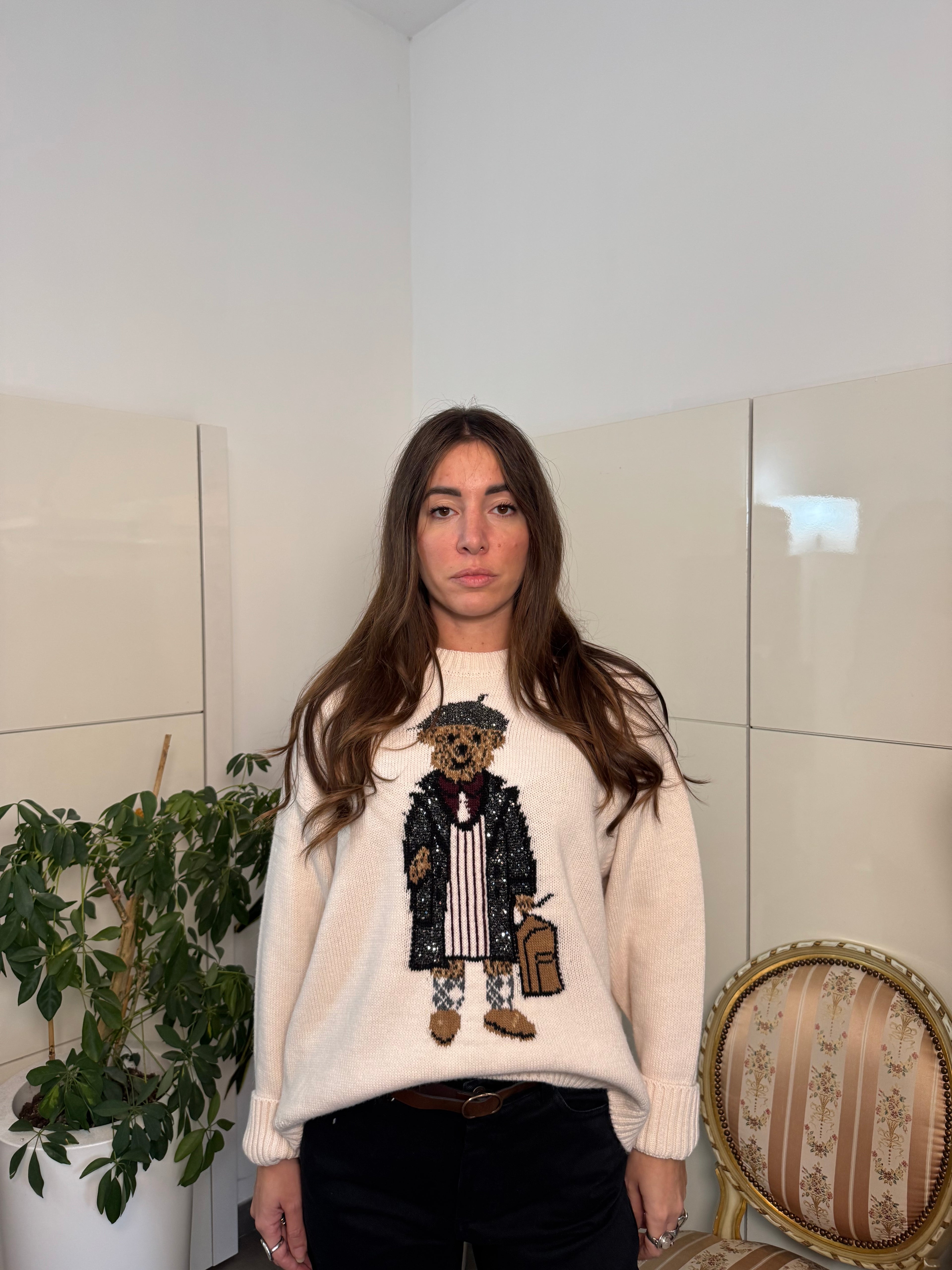 Maglione girocollo, lana stampa orso-Motel