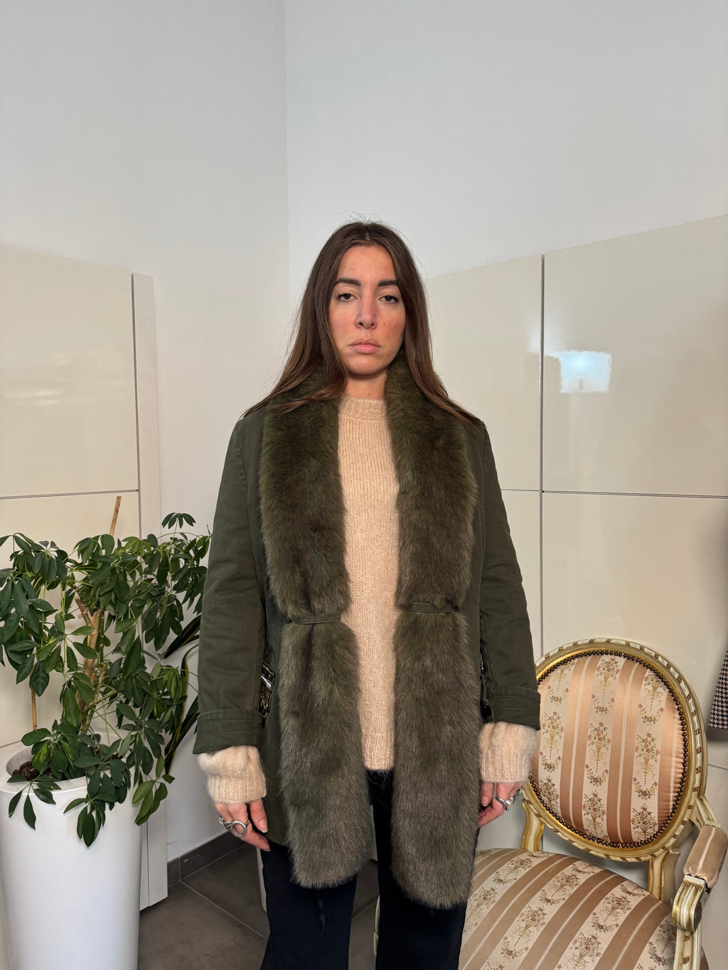 Giacca verde con collo in Eco-pelliccia staccabile-Tensione In