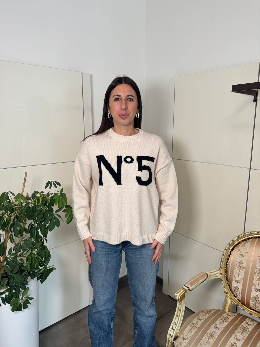 Maglione girocollo, burro con stampa n°5 -Tensione In