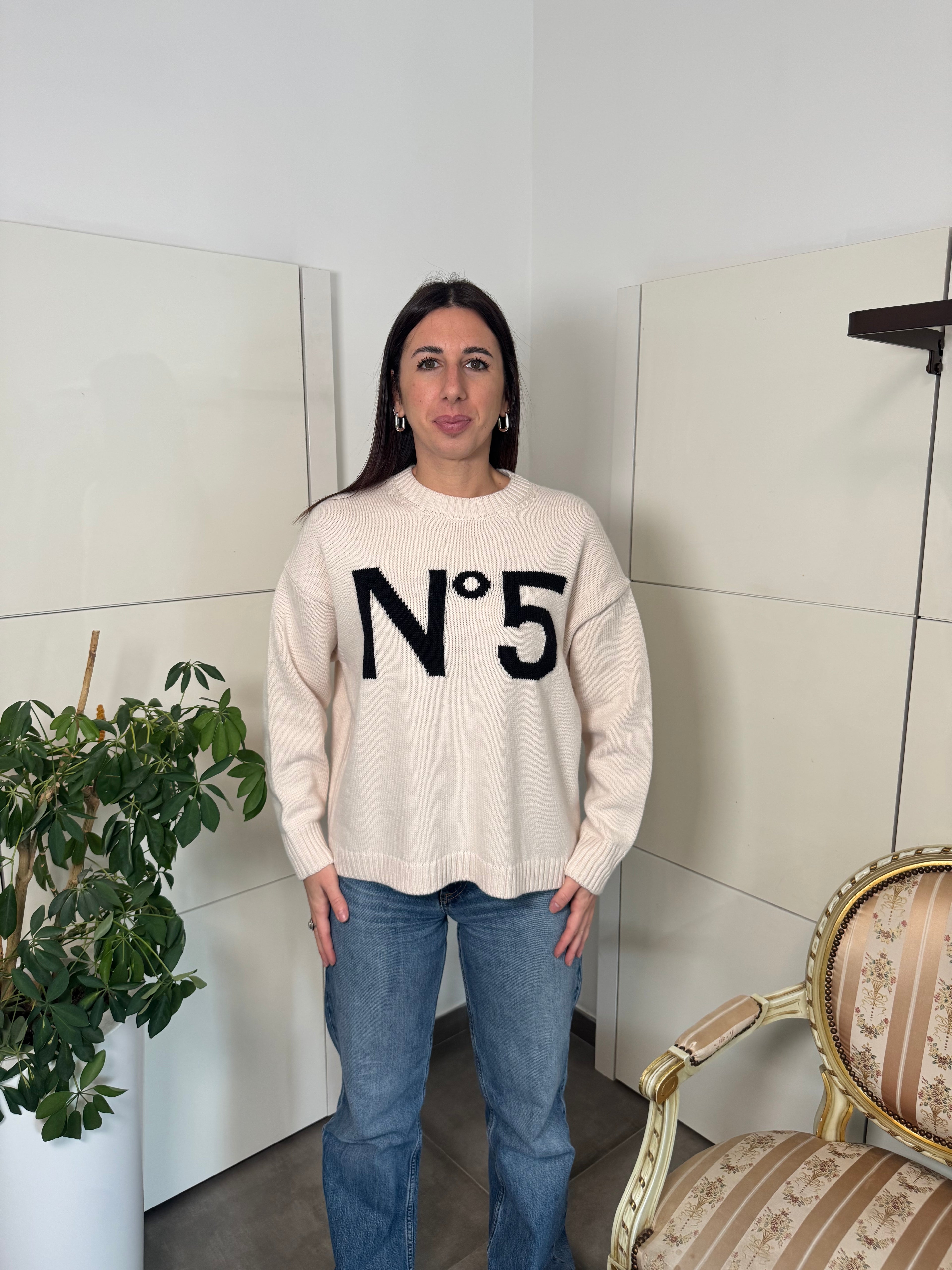 Maglione girocollo, burro con stampa n°5 -Tensione In