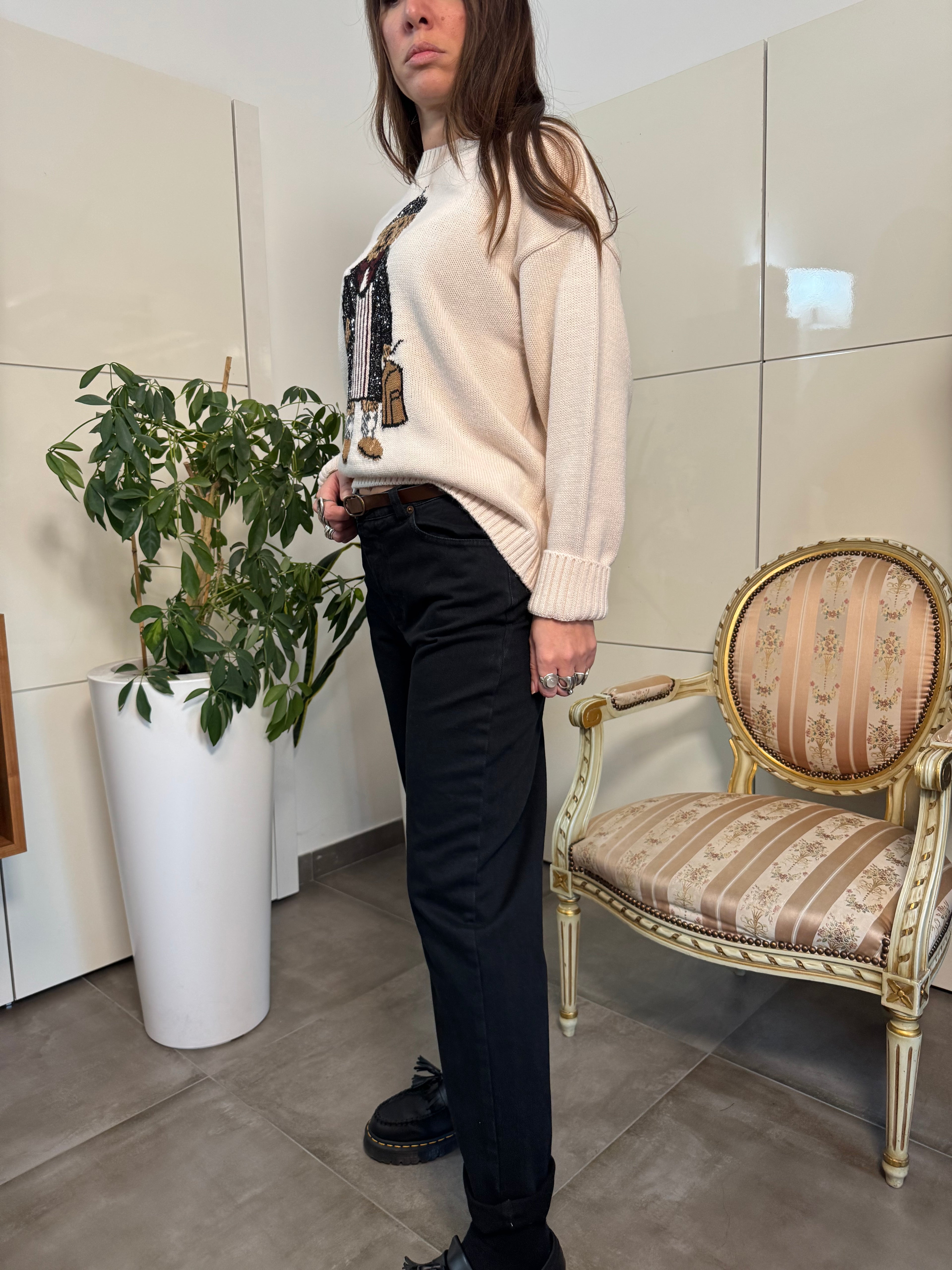 Pantalone Nero in Stile Jeans a 5 Tasche con Cintura Marrone – Motel