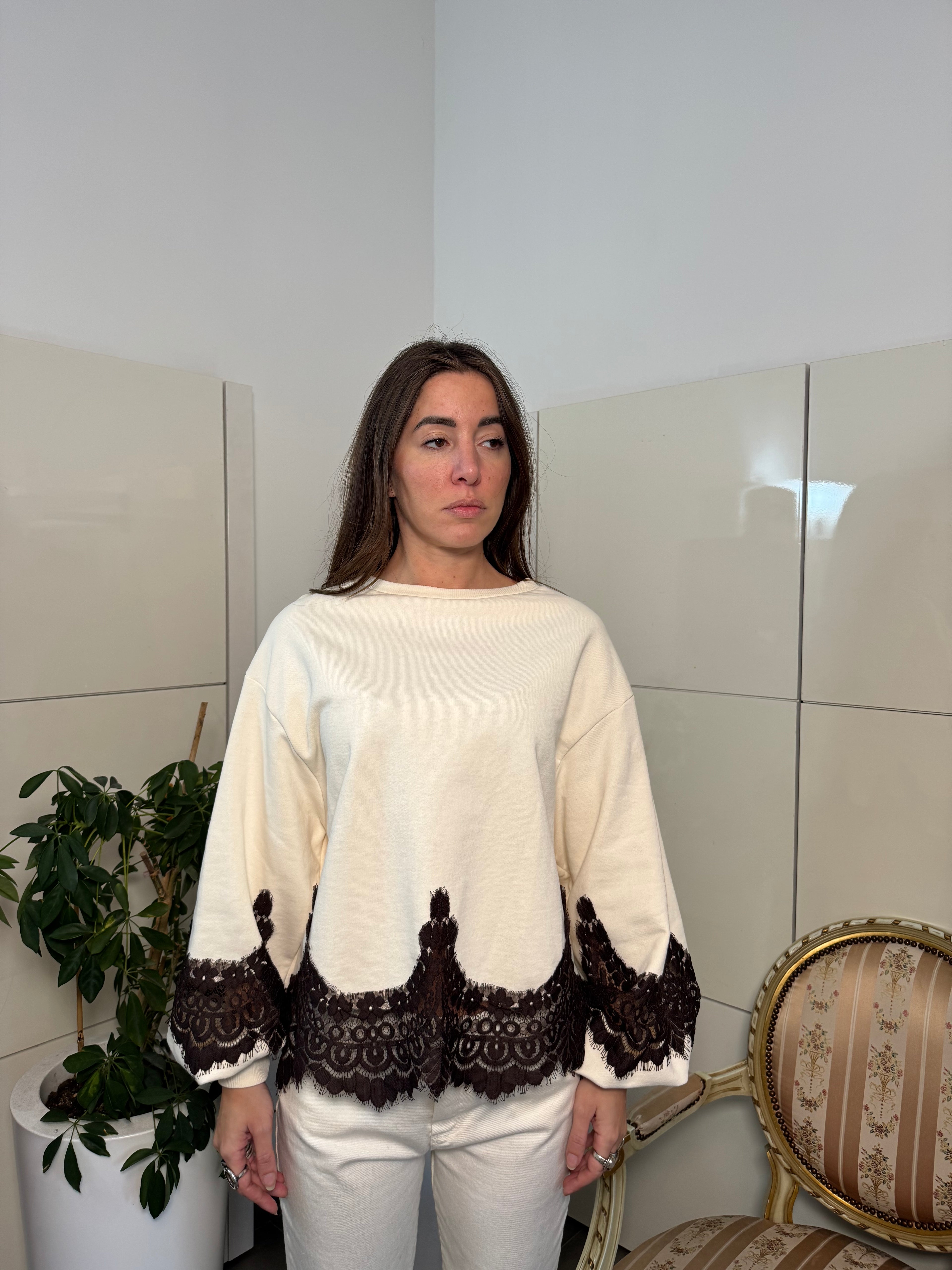 Felpa over dettaglio pizzo beige/marrone-Tensione In