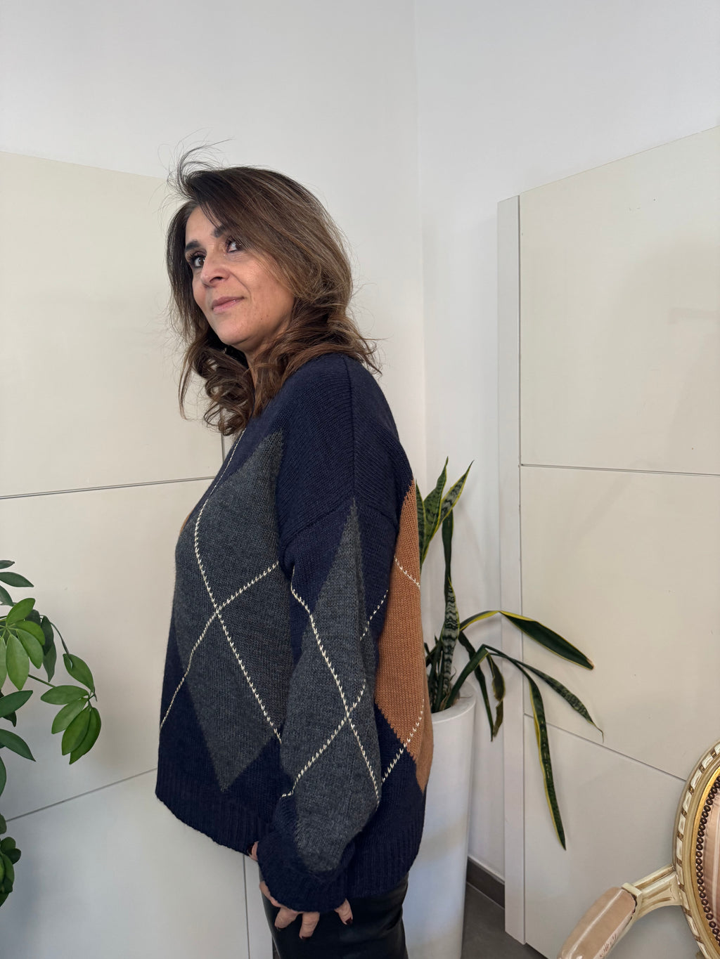 Maglione rombi misto alpaca - blu/ocra/grigio - Tensione In