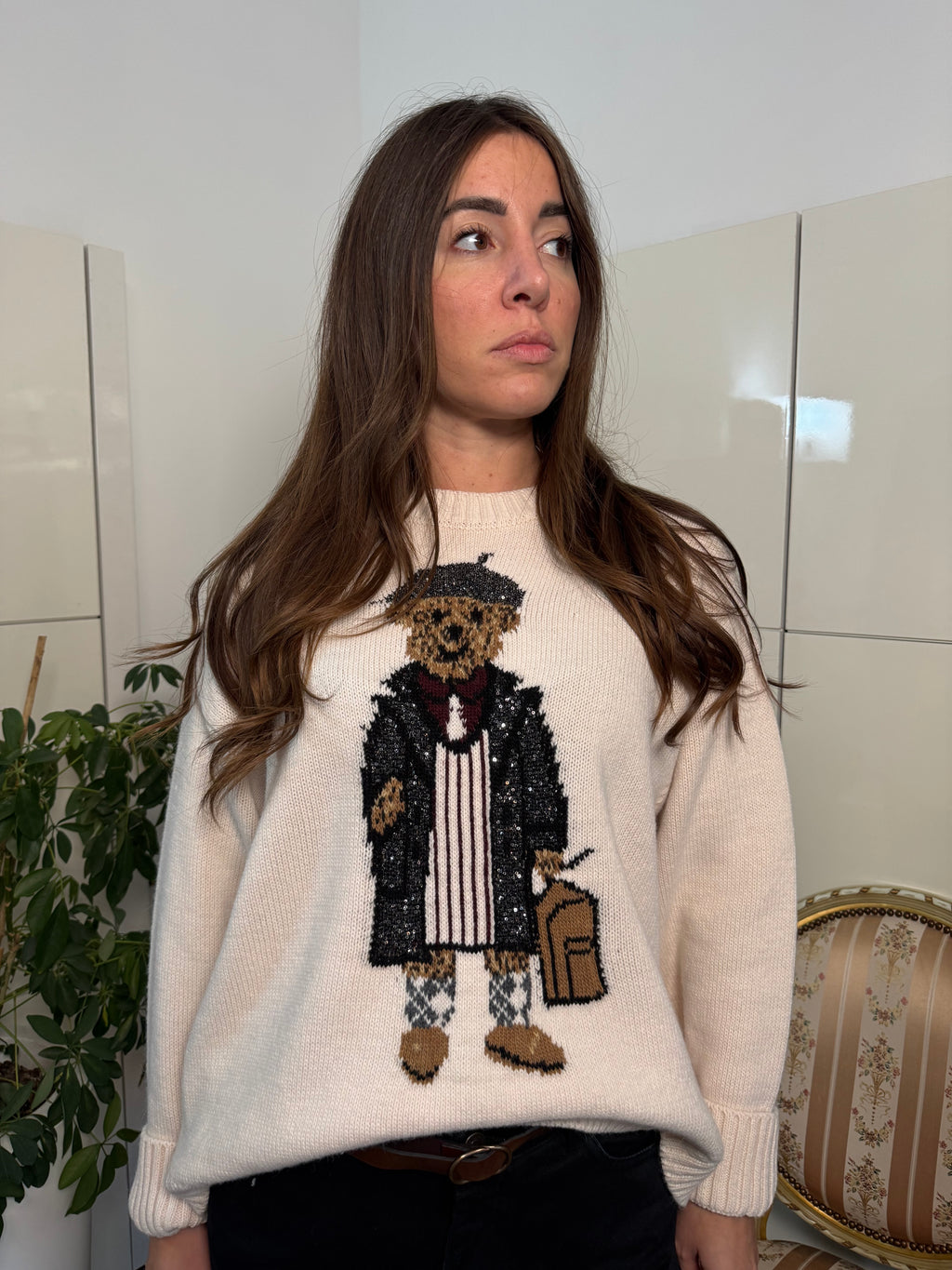 Maglione girocollo, lana stampa orso-Motel