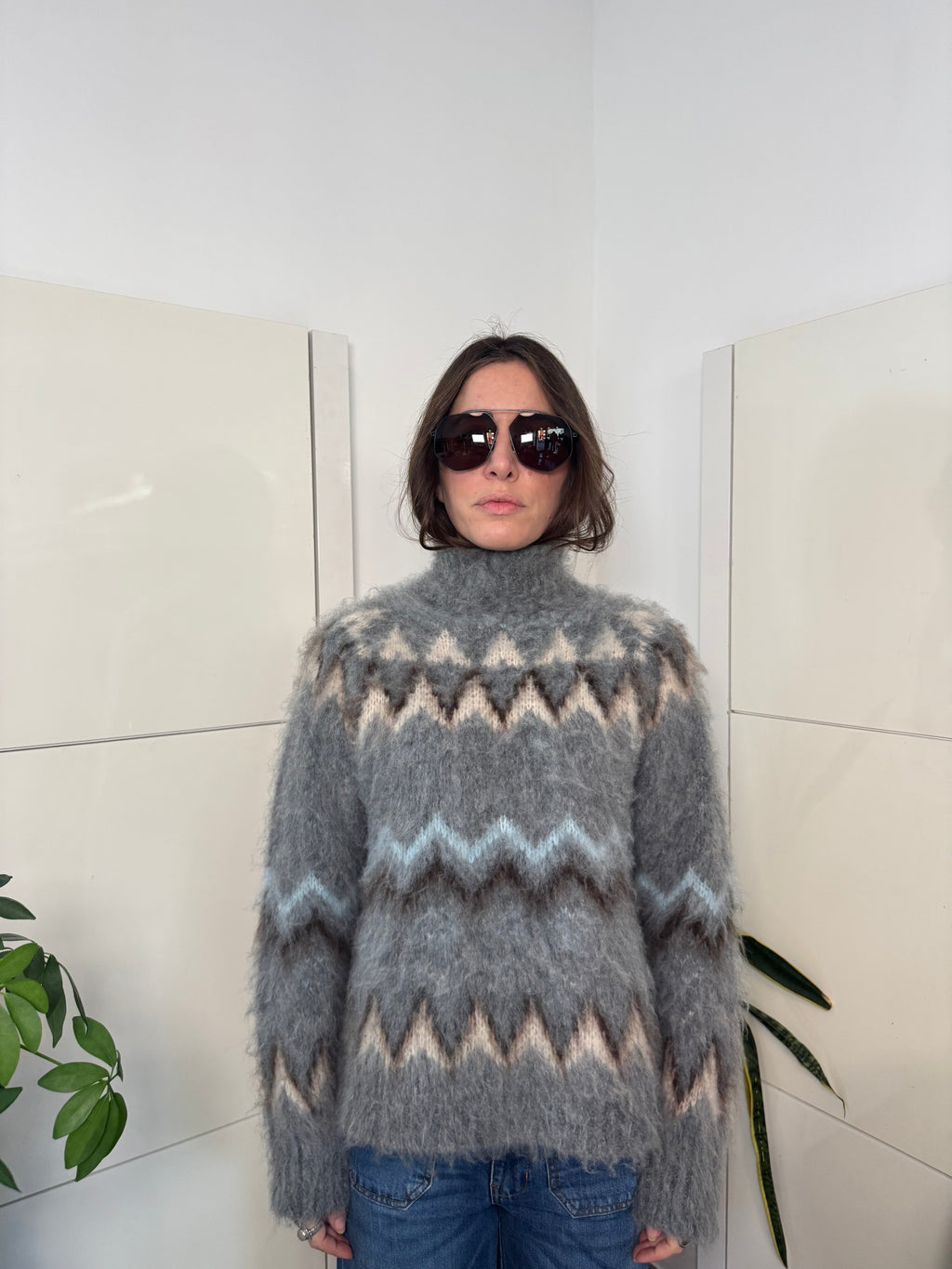 Maglione collo lupetto, fantasia misto lana,  grigio/burro/azzurro- Tensione in