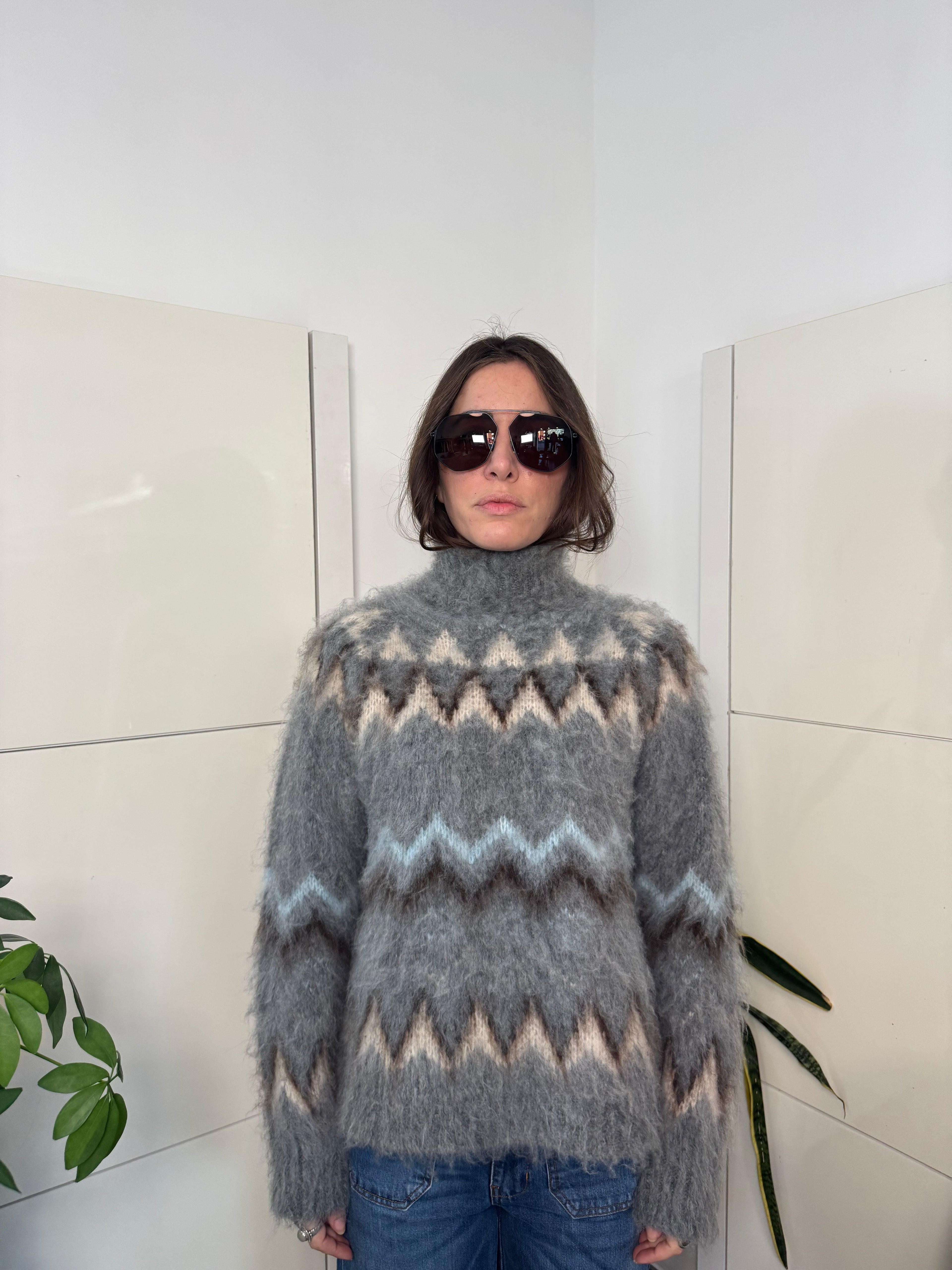 Maglione collo lupetto, fantasia misto lana,  grigio/burro/azzurro- Tensione in