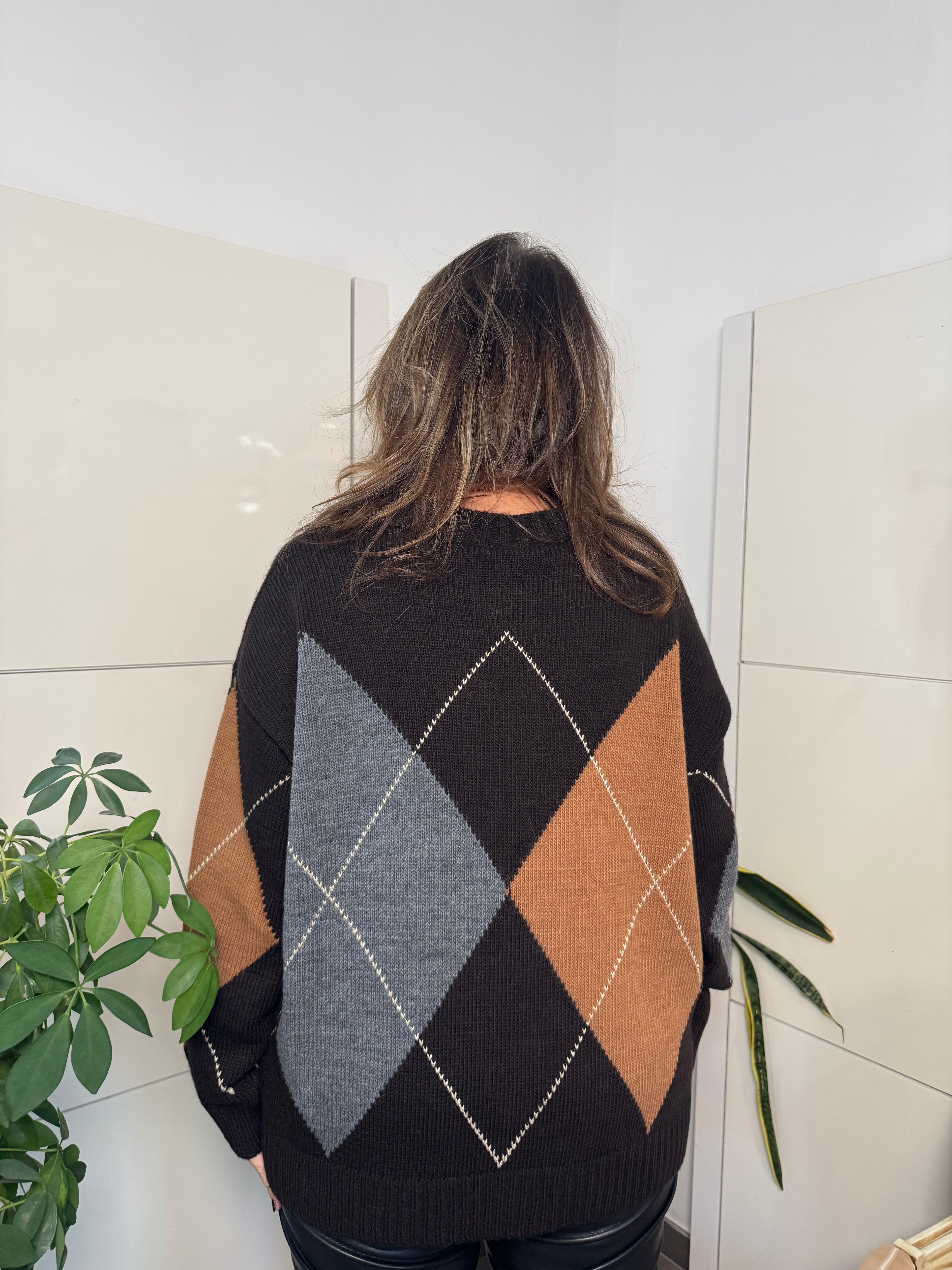 Maglione rombi misto alpaca - marrone/ocra/grigio - Tensione In