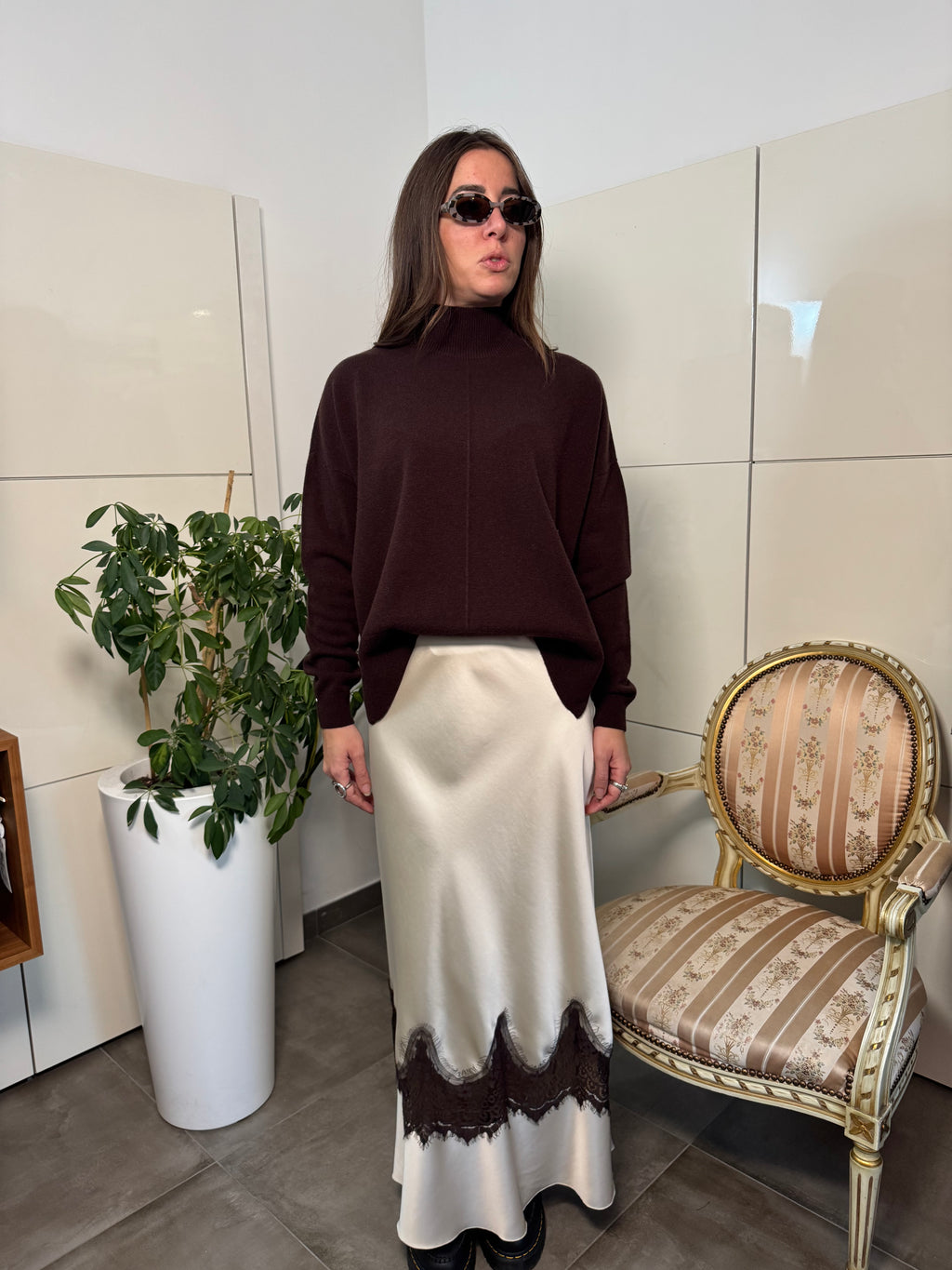 Gonna saten burro dettaglio pizzo-Tensione In