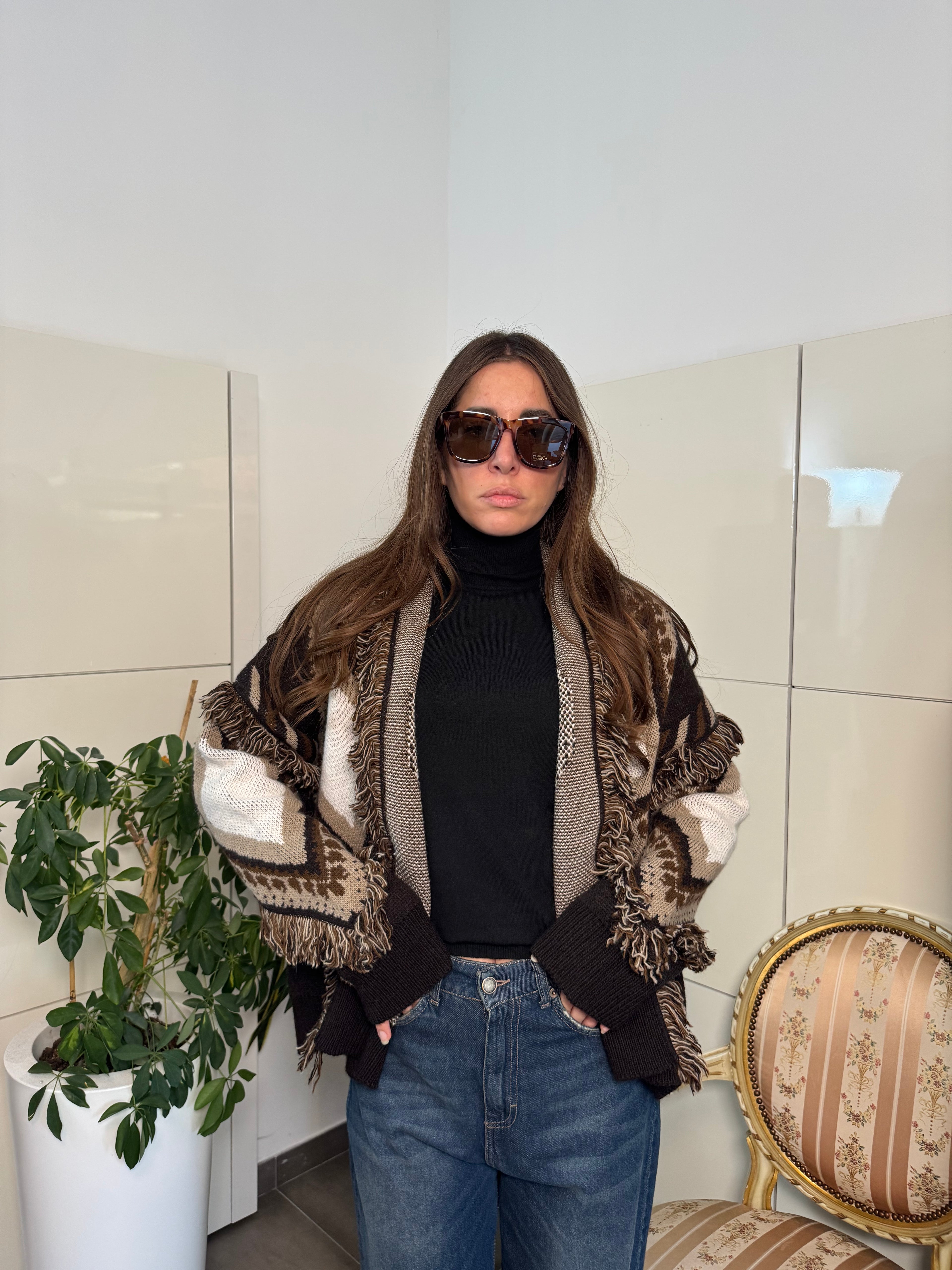 Cardigan marrone frange-Tensione In