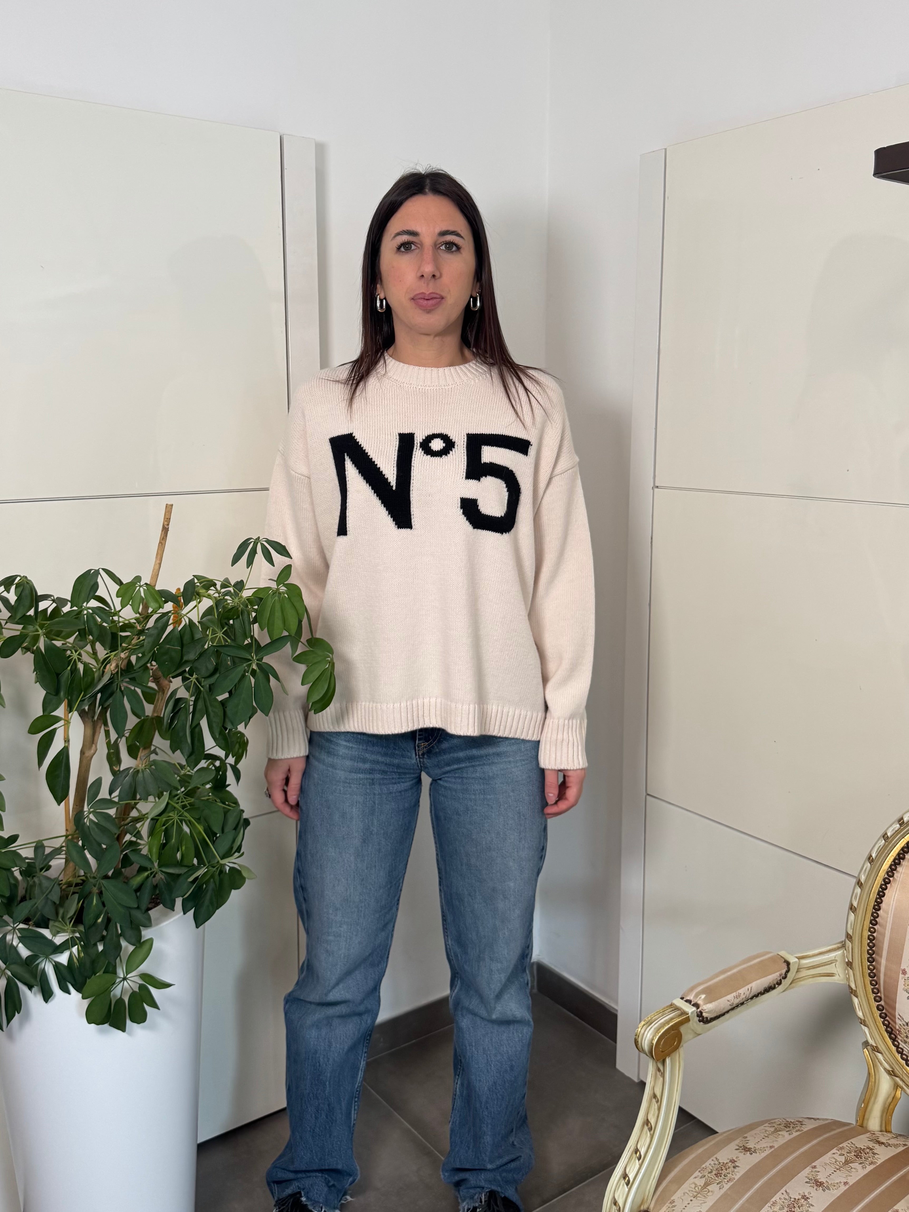 Maglione girocollo, burro con stampa n°5 -Tensione In