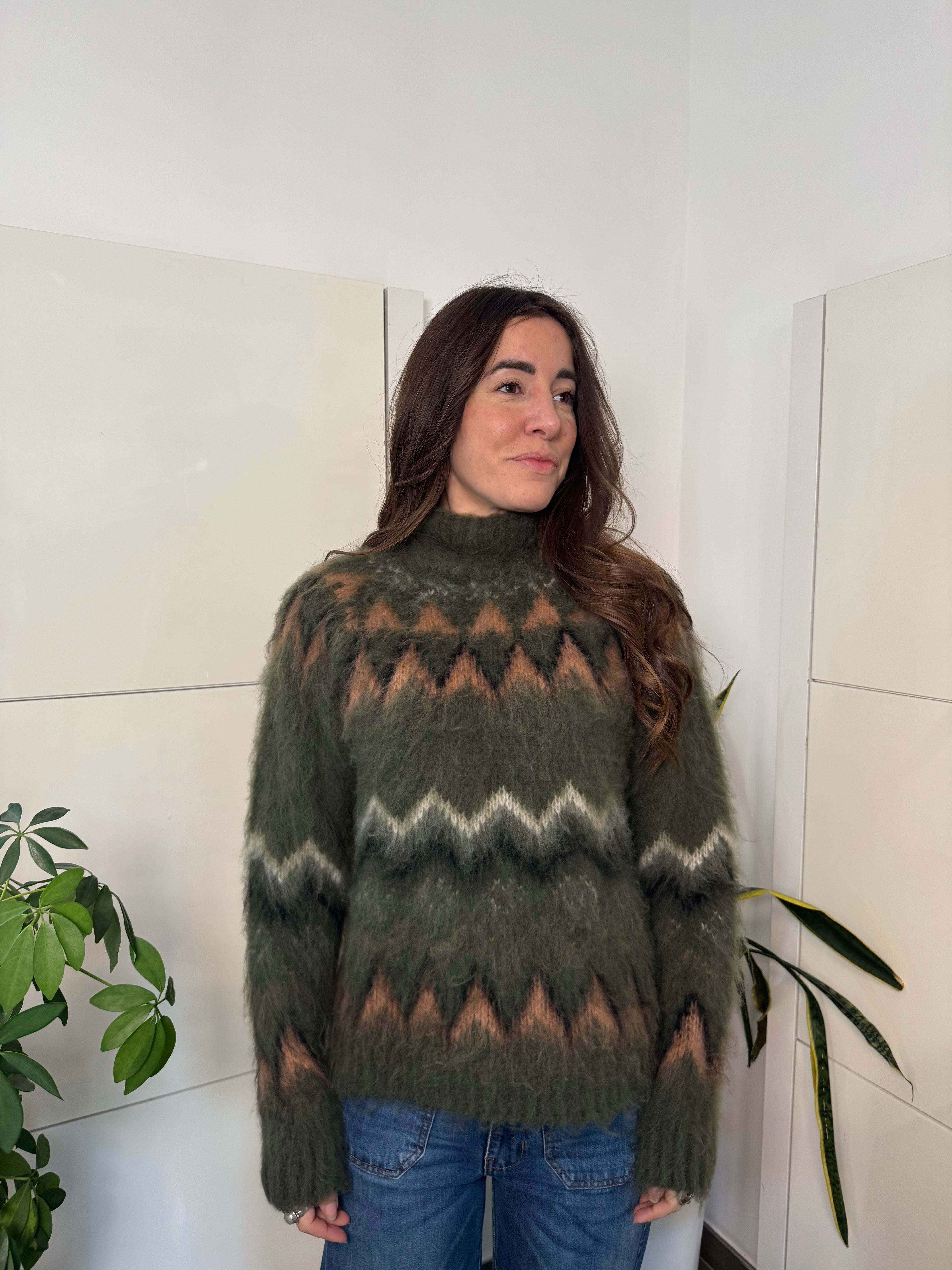 Maglione collo lupetto, fantasia, verde/nero/burro/cammello, misto lana -Motel