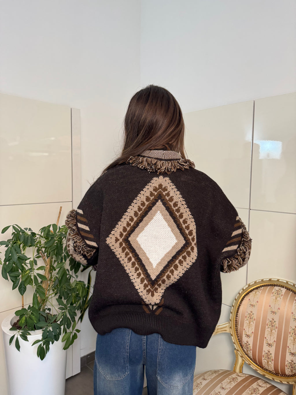 Cardigan marrone frange-Tensione In