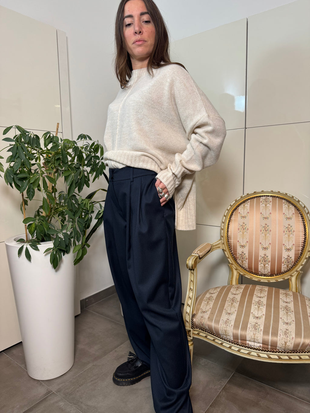 Pantaloni balloon blu gessati-Tensione In